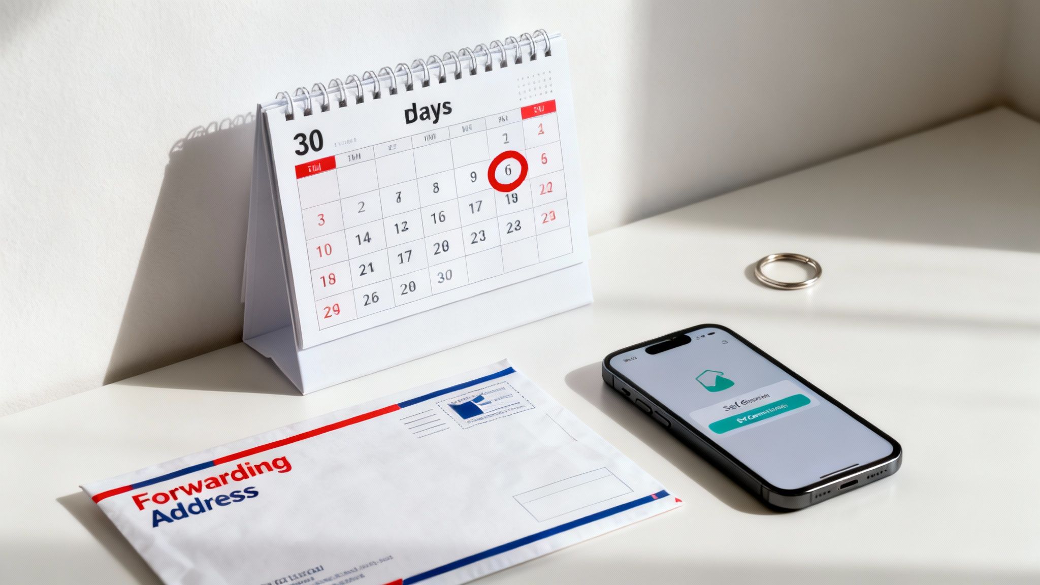 Calendar marked with "30 days," envelope labeled "Forwarding Address," and smartphone displaying an app interface, symbolizing tenant rights and security deposit return timeline in Texas.