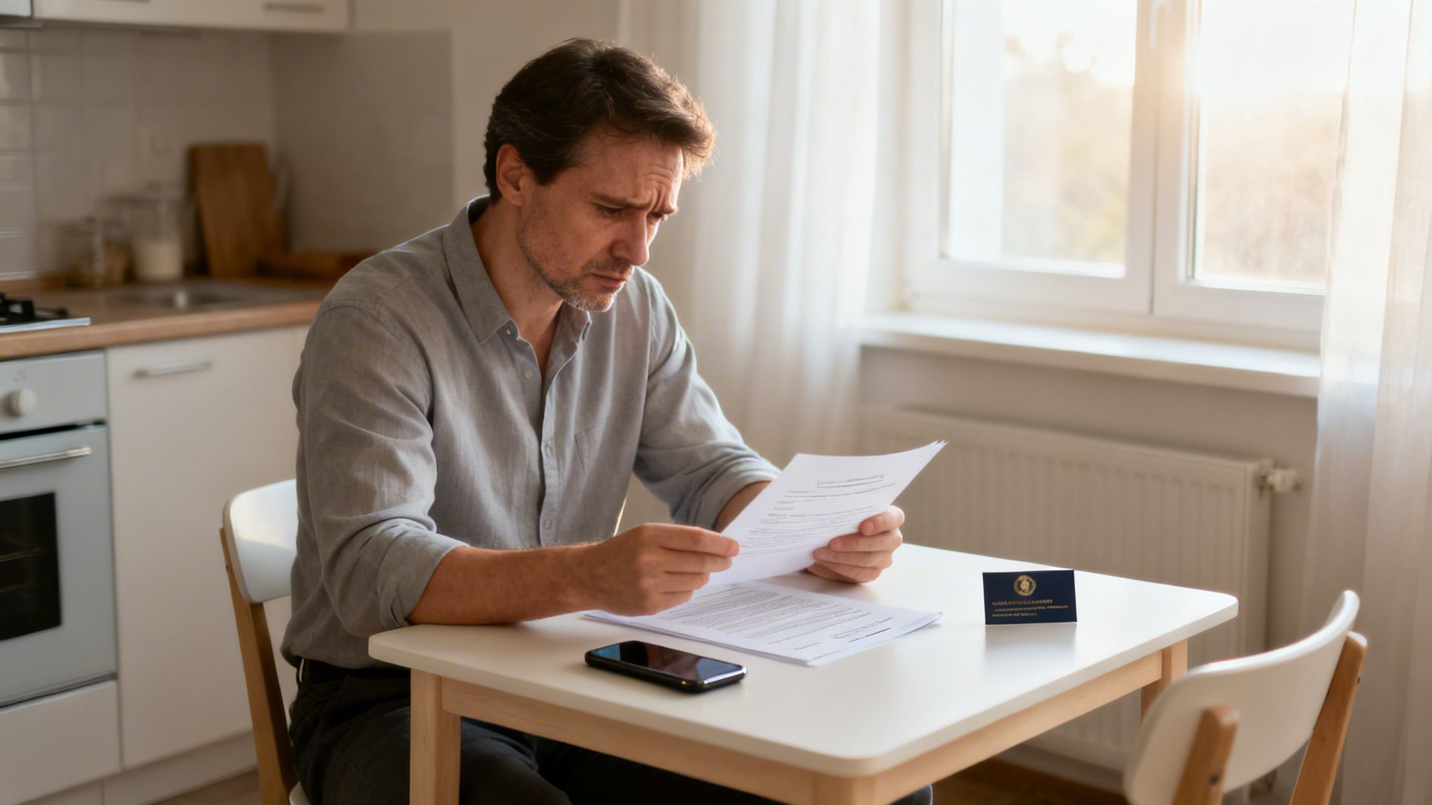 A man with a worried expression sits at a kitchen table, carefully reviewing official papers.