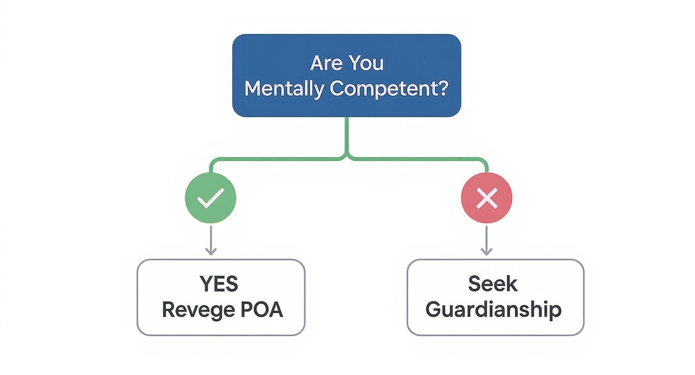 A flowchart asks 'Are You Mentally Competent?', leading to 'YES Reverege POA' or 'Seek Guardianship'.