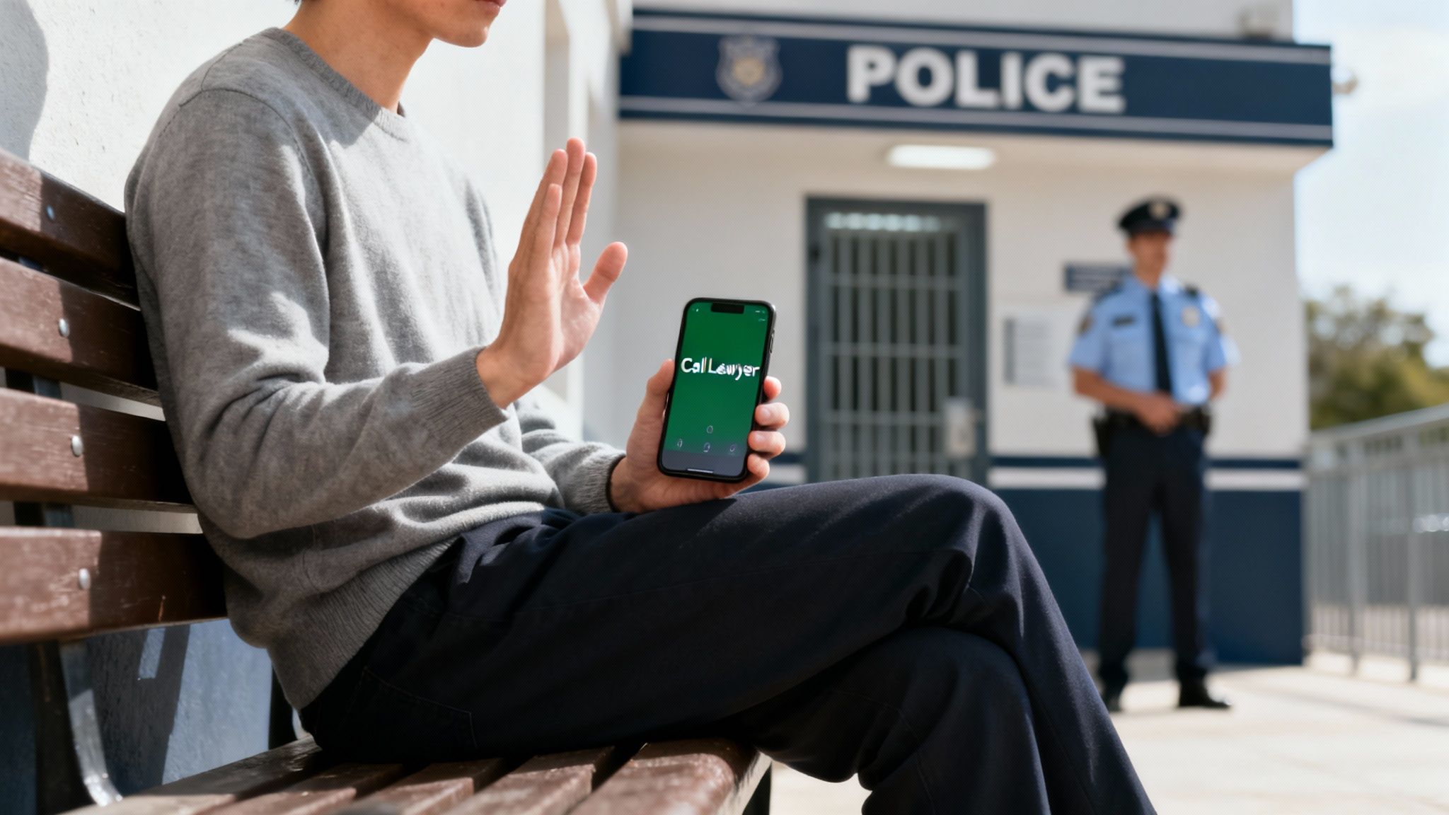 A person holds a phone displaying 'Call Lawyer' app, sitting outside a police station with an officer.