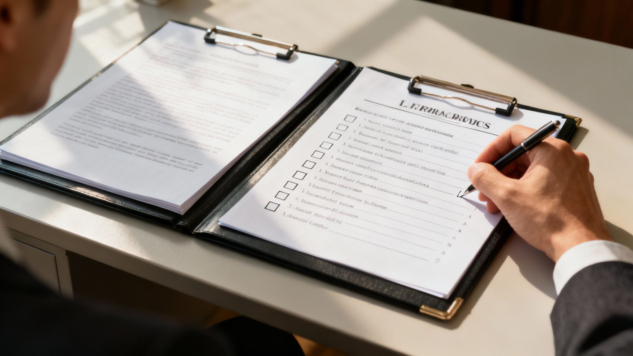 A confident individual shaking hands with a lawyer in a professional office setting.
