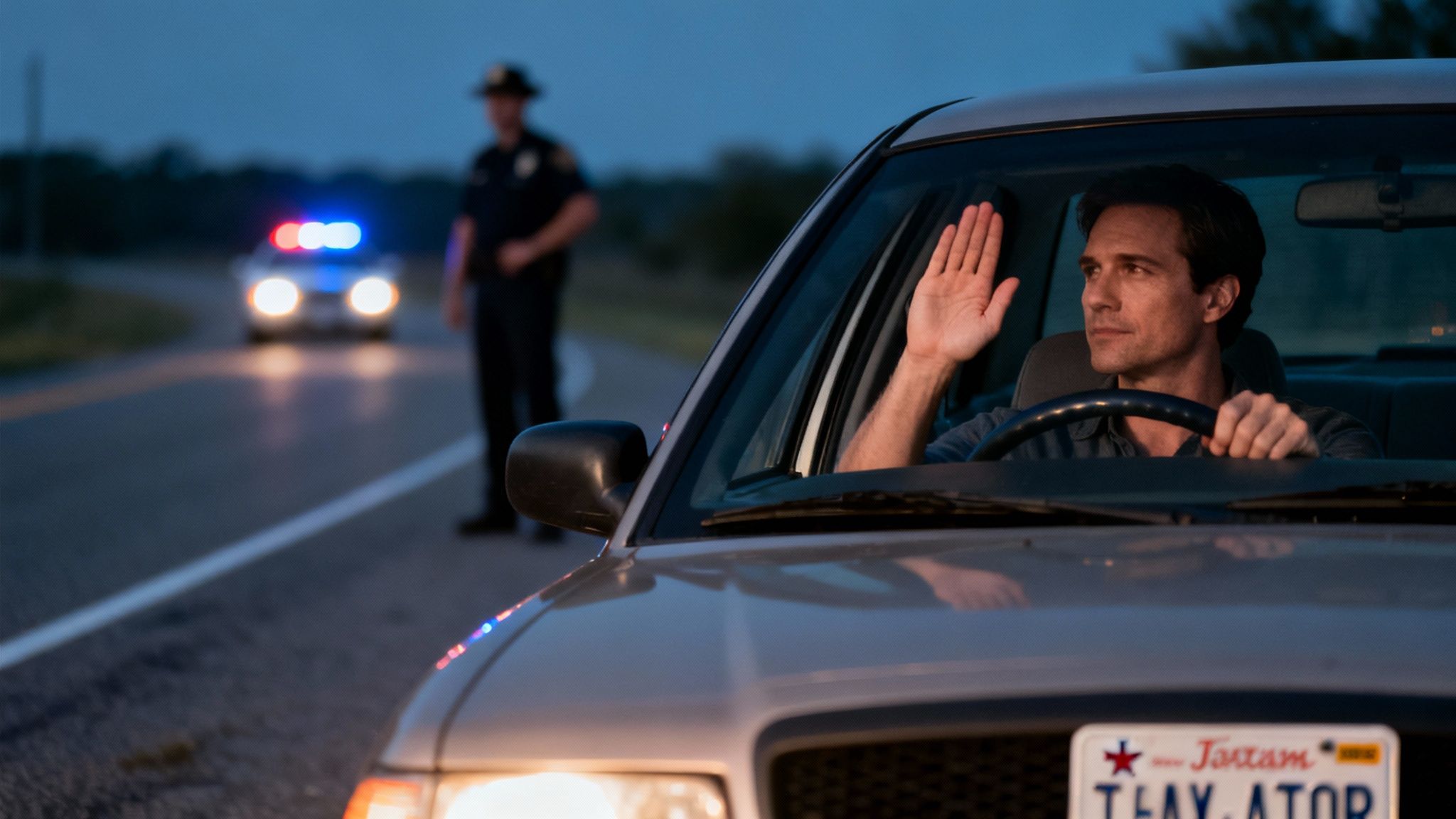 Driver at a DWI traffic stop raising hand, police car with flashing lights in background, illustrating rights during a DWI encounter.