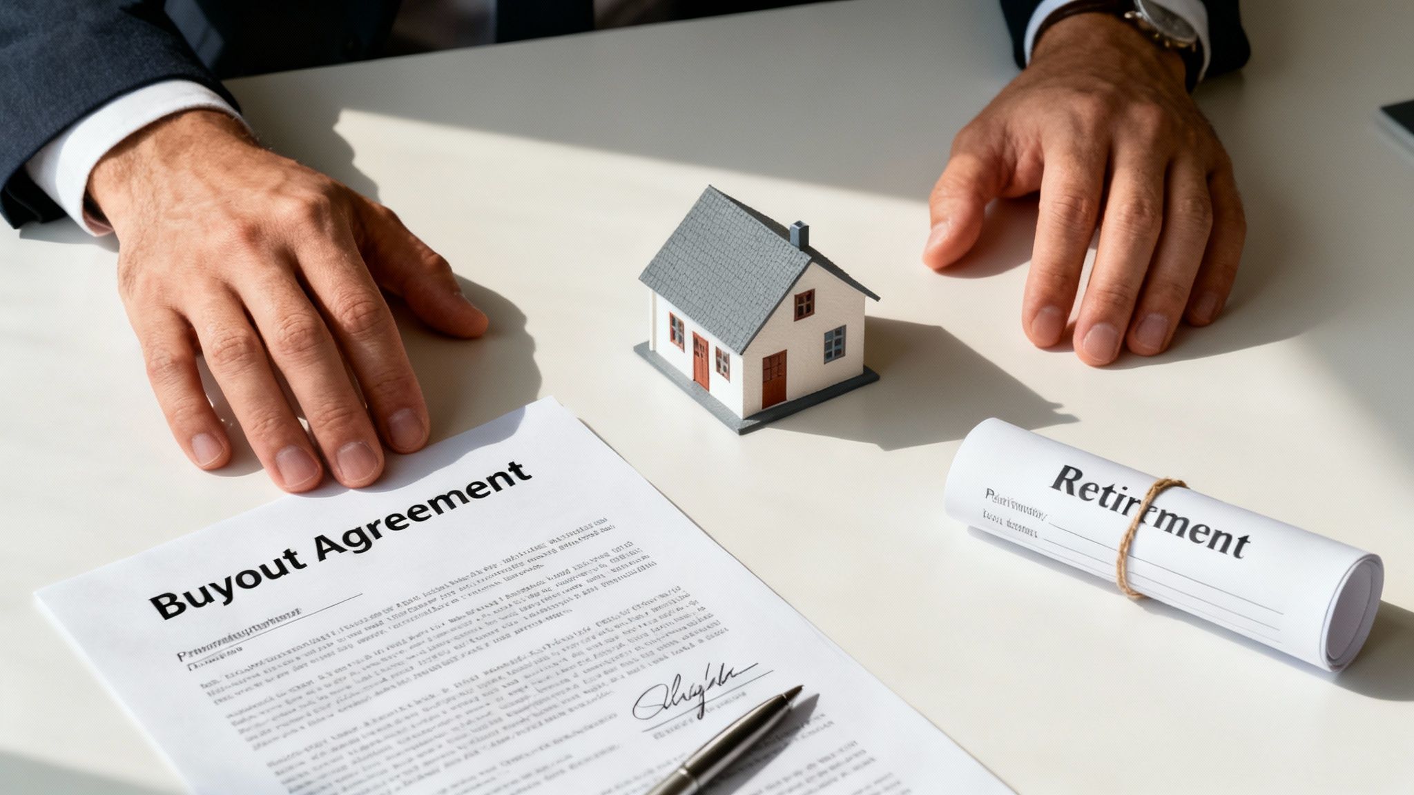A person signing documents to divide business assets in a divorce