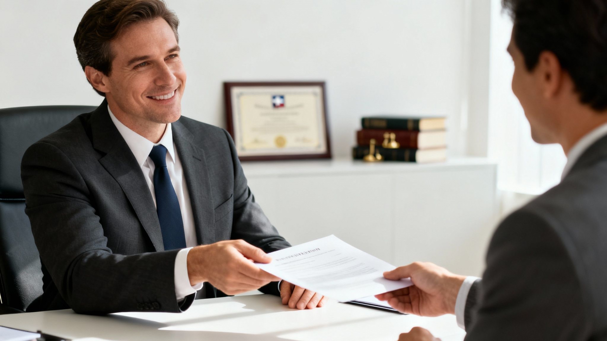 A smiling lawyer in a suit hands a document to a client across a desk in an office.
