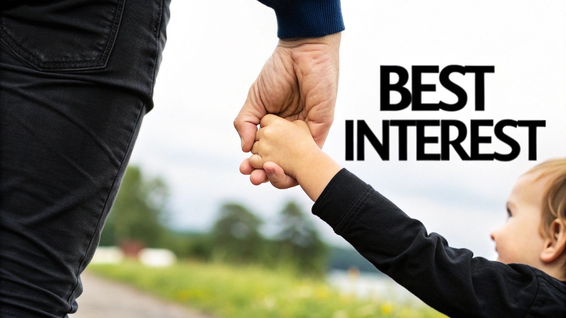 A child's hand holding an adult's hand while walking, symbolizing 'BEST INTEREST'.
