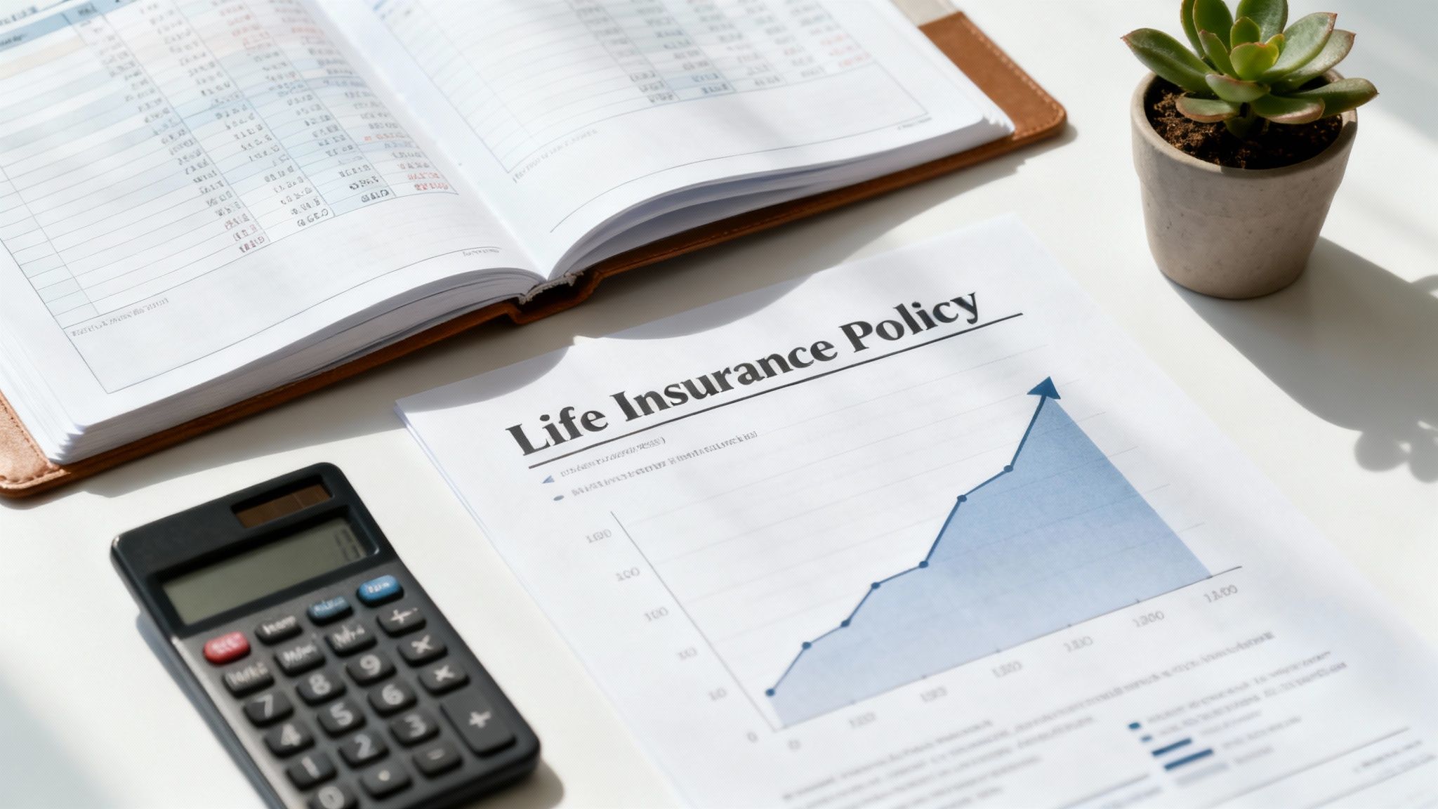 Life insurance policy document with growth chart, calculator, financial report, and small potted plant, symbolizing financial planning and succession strategies for family businesses.