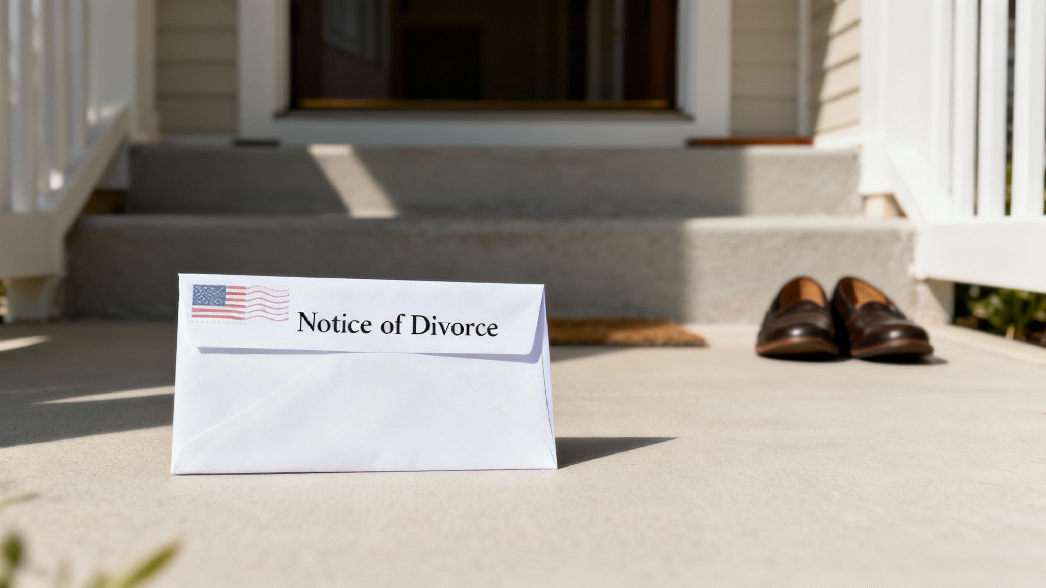 Notice of divorce envelope with US postage stamp on doorstep near shoes