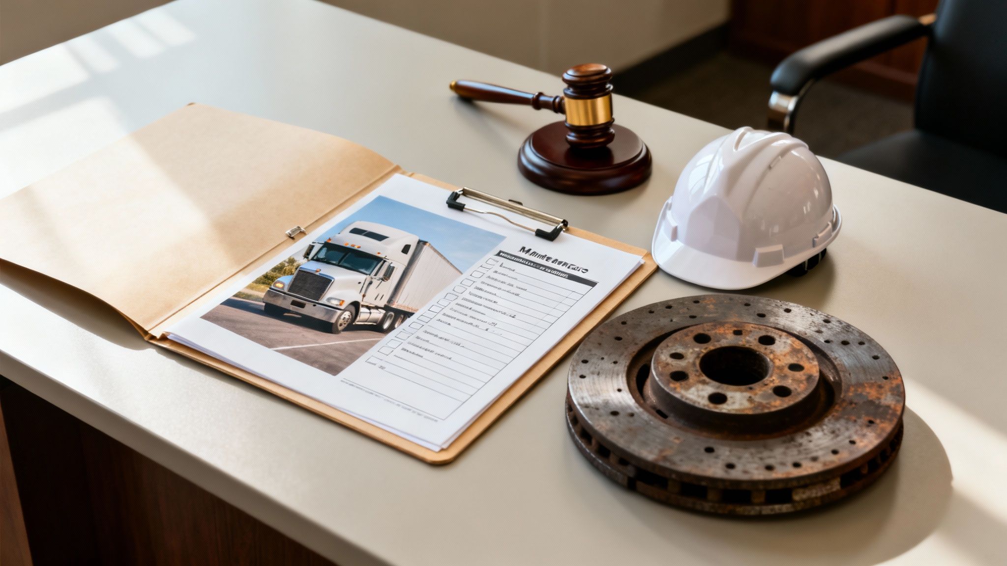 Desk setup with semi-truck photo, legal gavel, hard hat, and rusty brake rotor, representing trucking law and safety.
