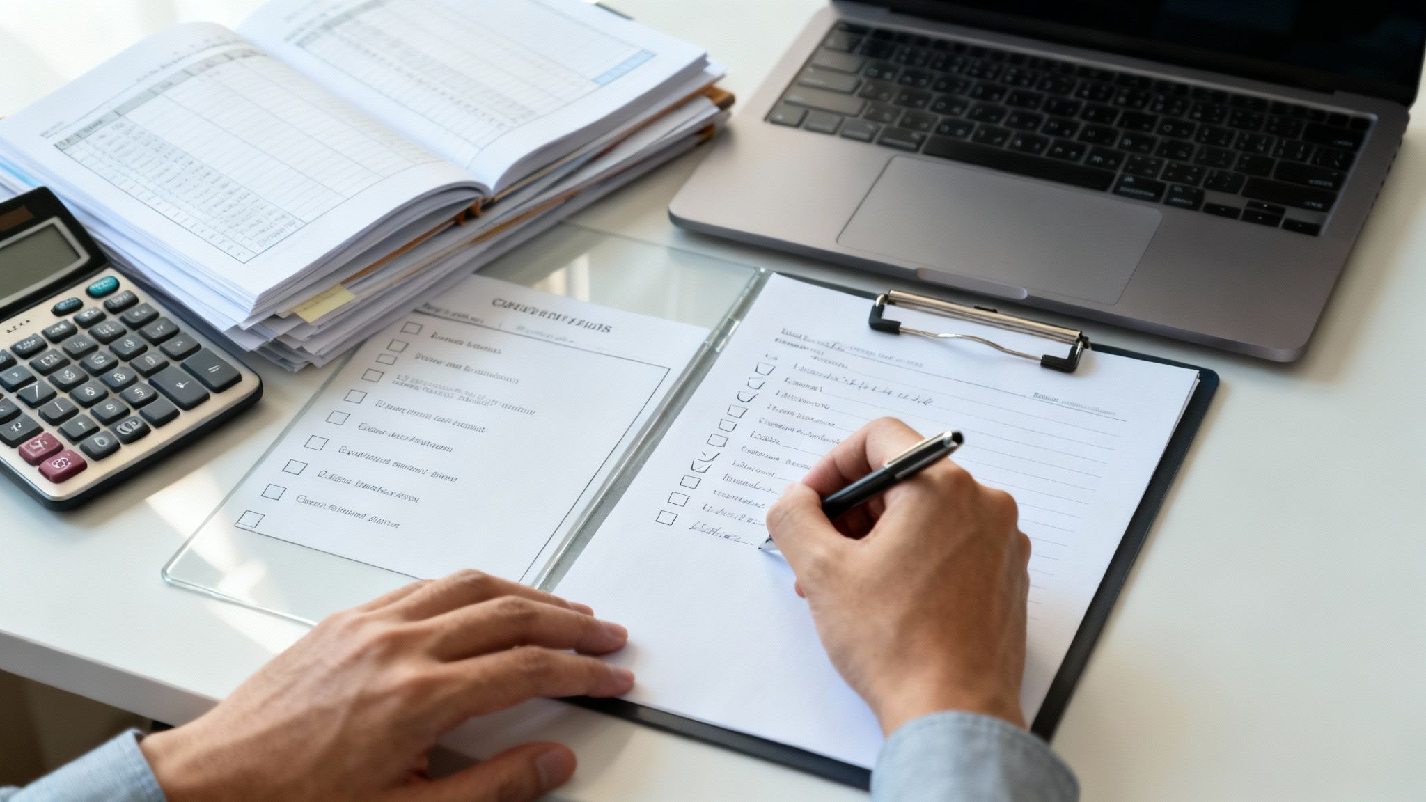 Close-up of hands writing on a checklist document with a pen, surrounded by office supplies.