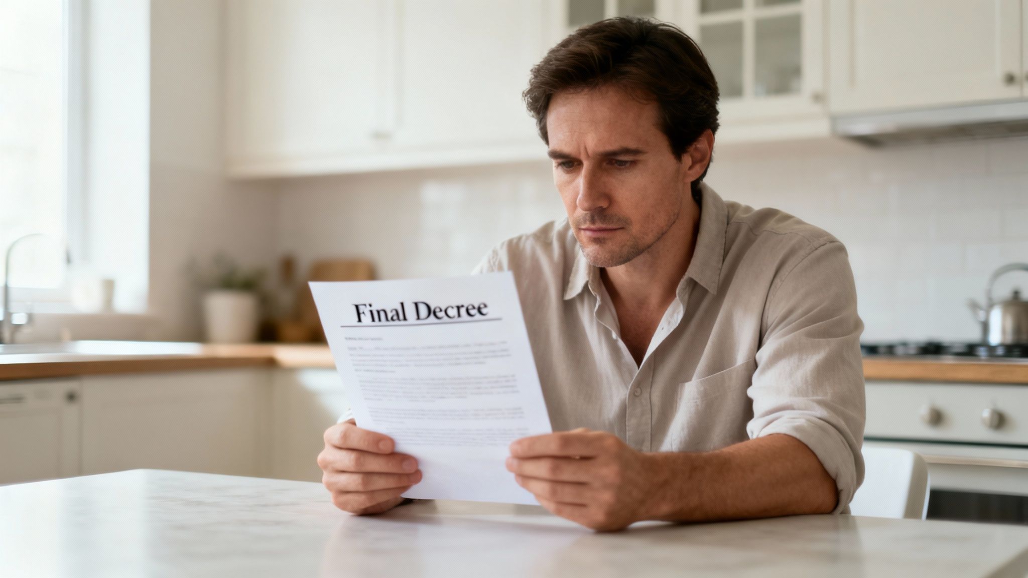 A somber man sits at a kitchen table, intently reading a document titled 'Final Decree'.