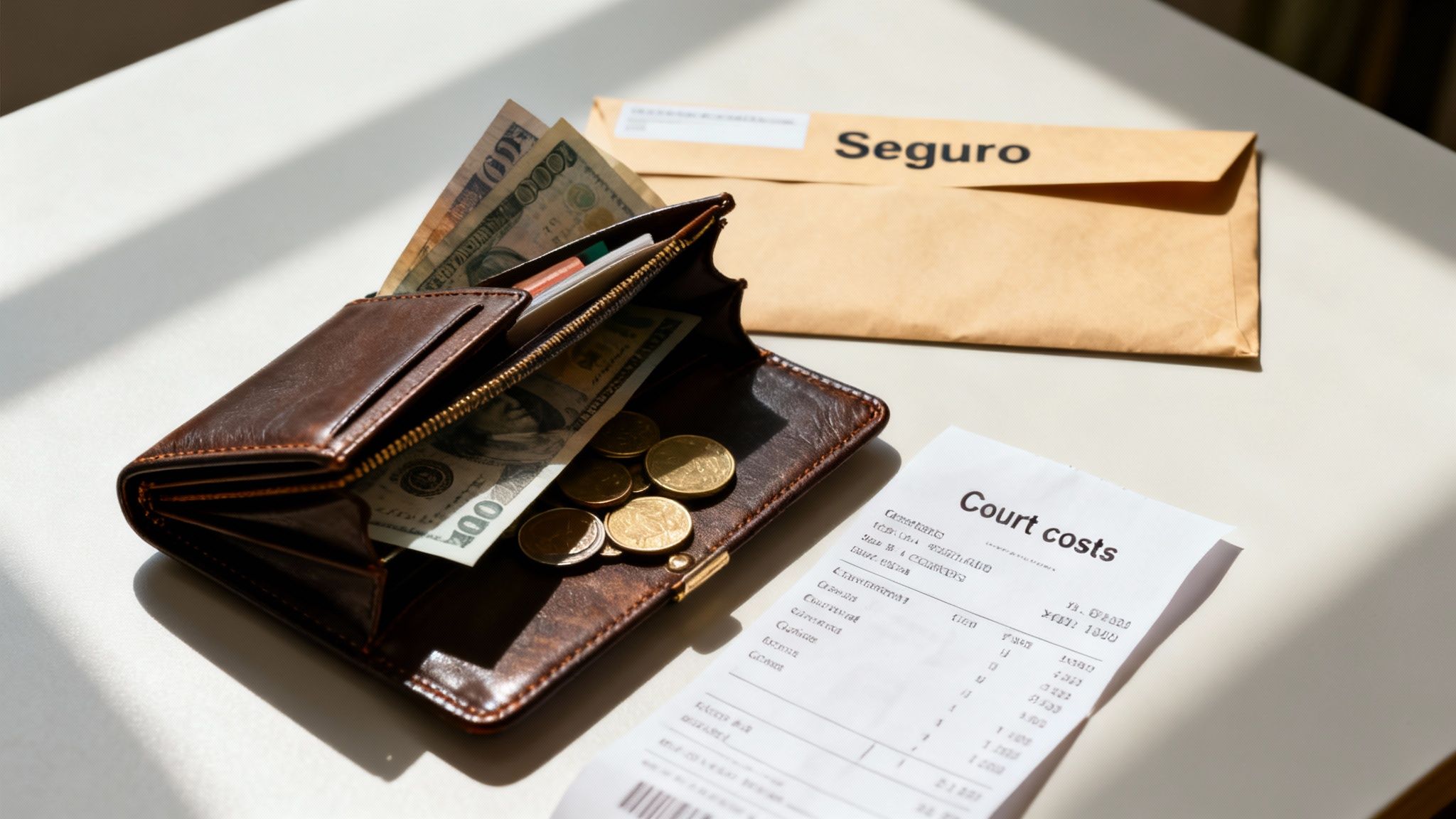 Cartera marrón con billetes de dólares y monedas, junto a un recibo de costos judiciales y un sobre.