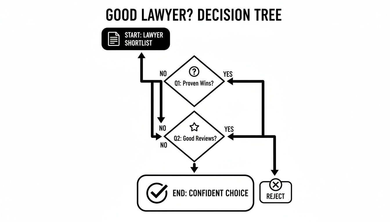 A decision tree flowchart for selecting a good lawyer based on proven wins and good reviews.