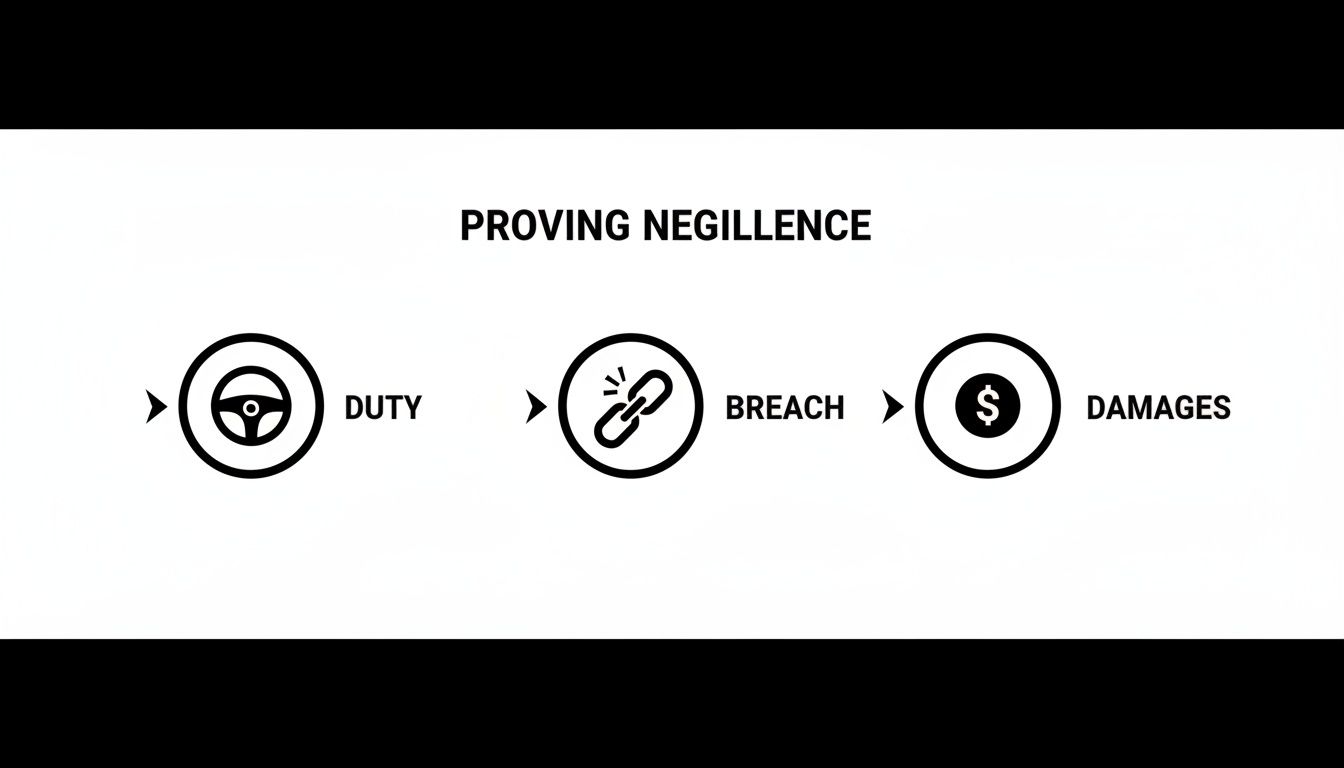 A legal flowchart illustrating the three elements of proving negligence: Duty, Breach, and Damages.
