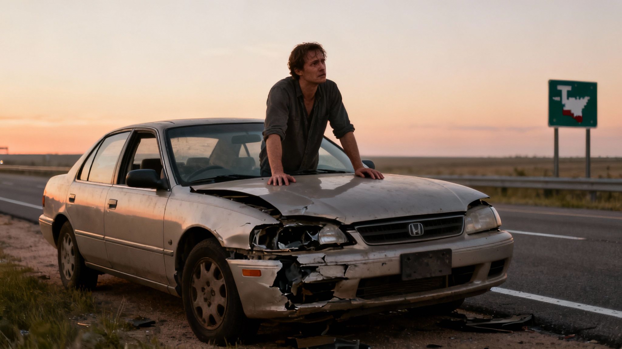 Distressed man leaning on his severely damaged car on the side of a road at sunset.