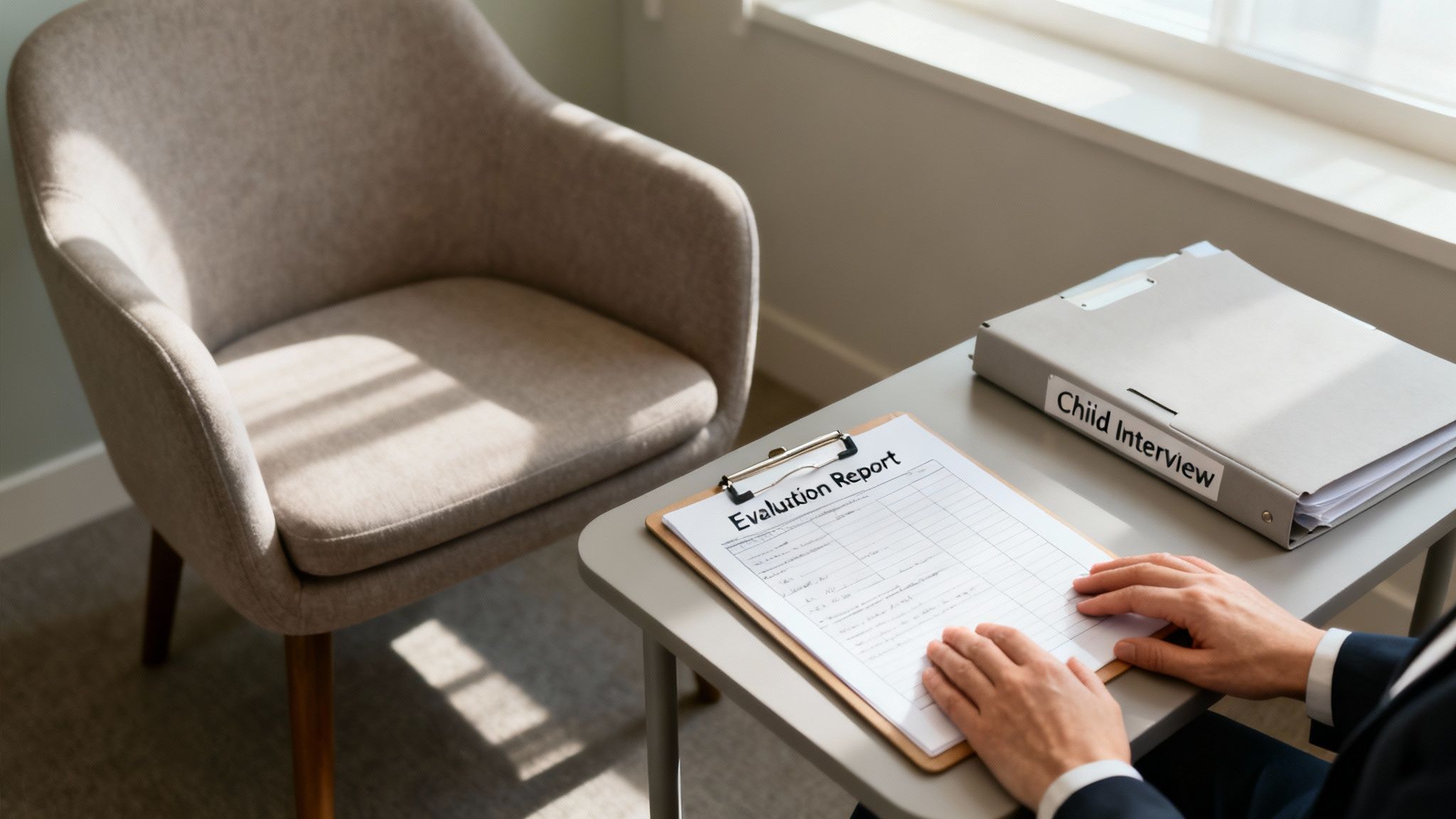 A professional prepares for a child interview, with an evaluation report and folder on the table.