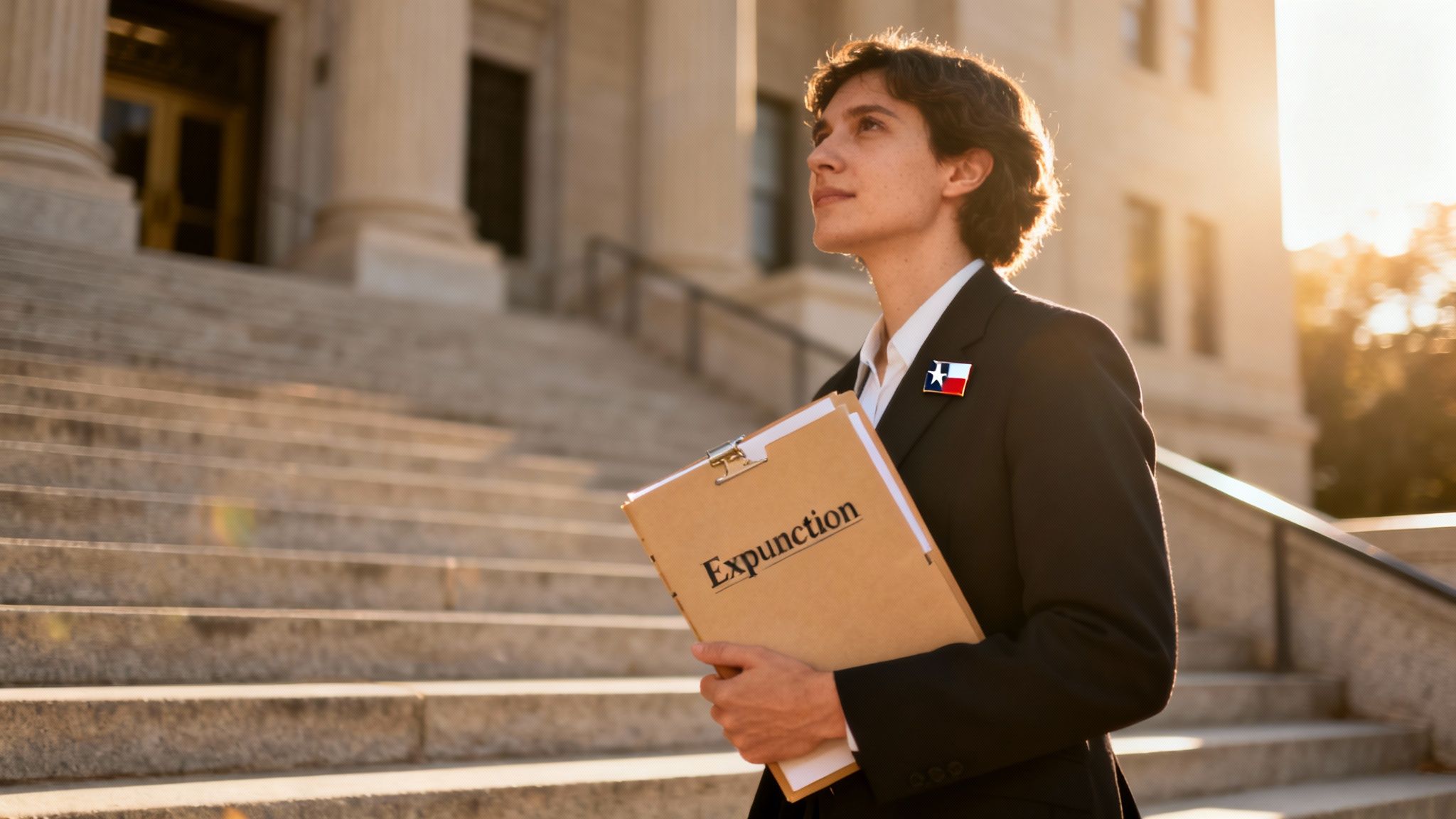 Person in a suit holding an expunction document, standing confidently on courthouse steps, symbolizing the legal process of expunging criminal records in Texas.