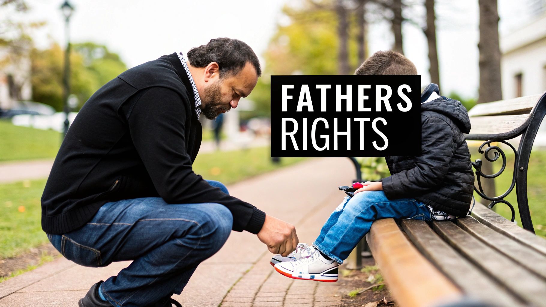 A caring father squats to tie his child's shoelace on a park bench, with 'FATHERS RIGHTS' text overlay.