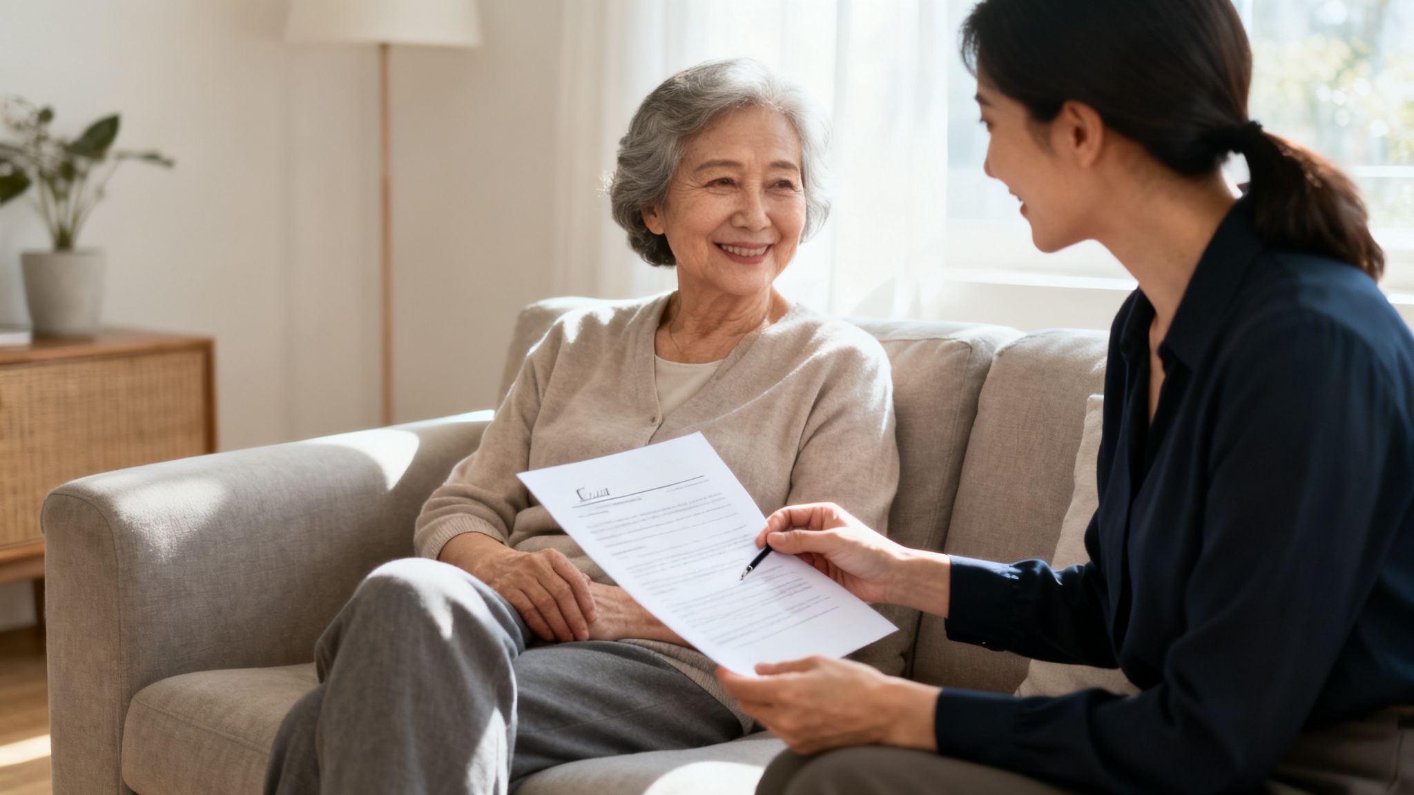 An elderly Asian woman smiles while a younger woman points to a document on a couch.