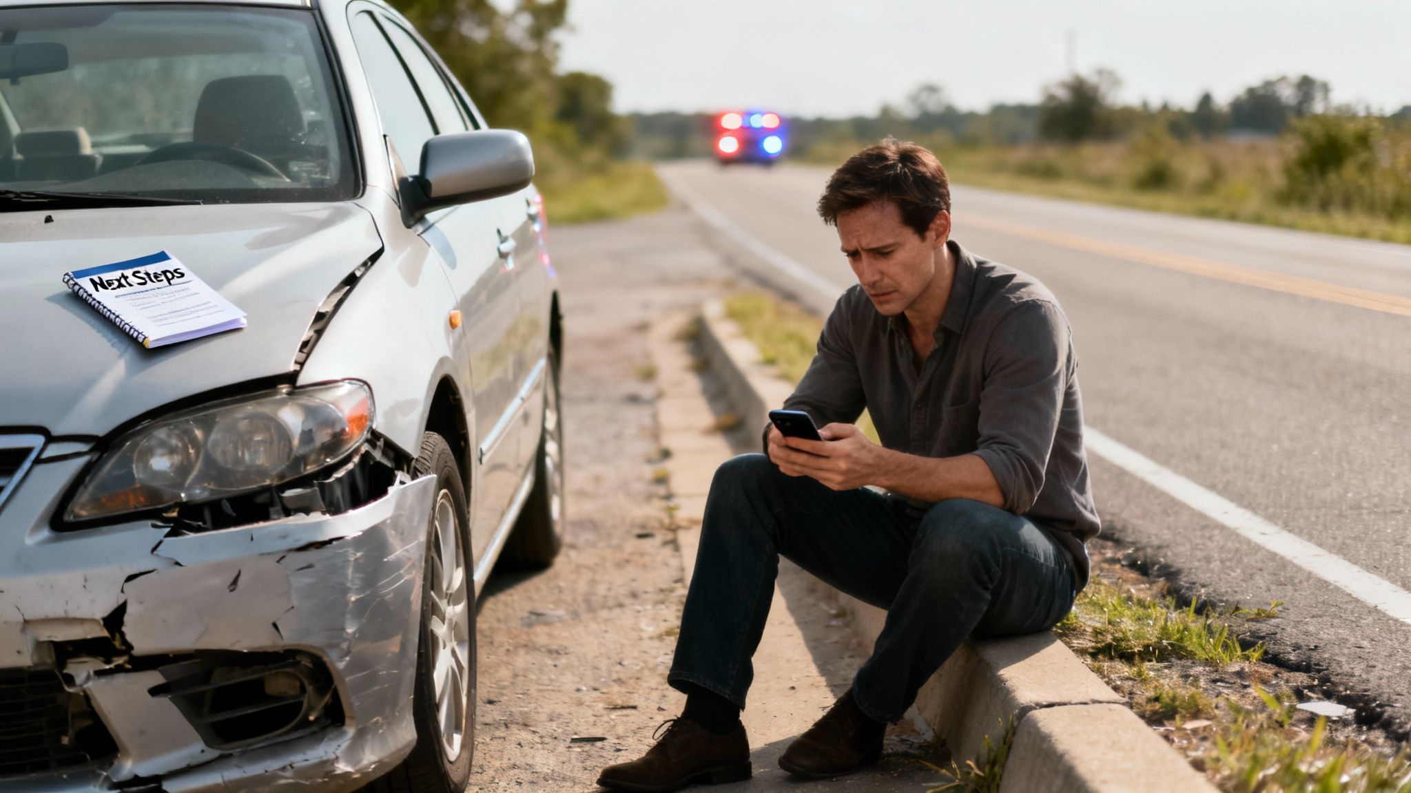 Damaged car on the side of a Texas highway after a collision.