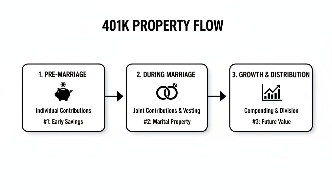 A flowchart illustrates the 401k property flow: pre-marriage savings, marital contributions, and future value growth.