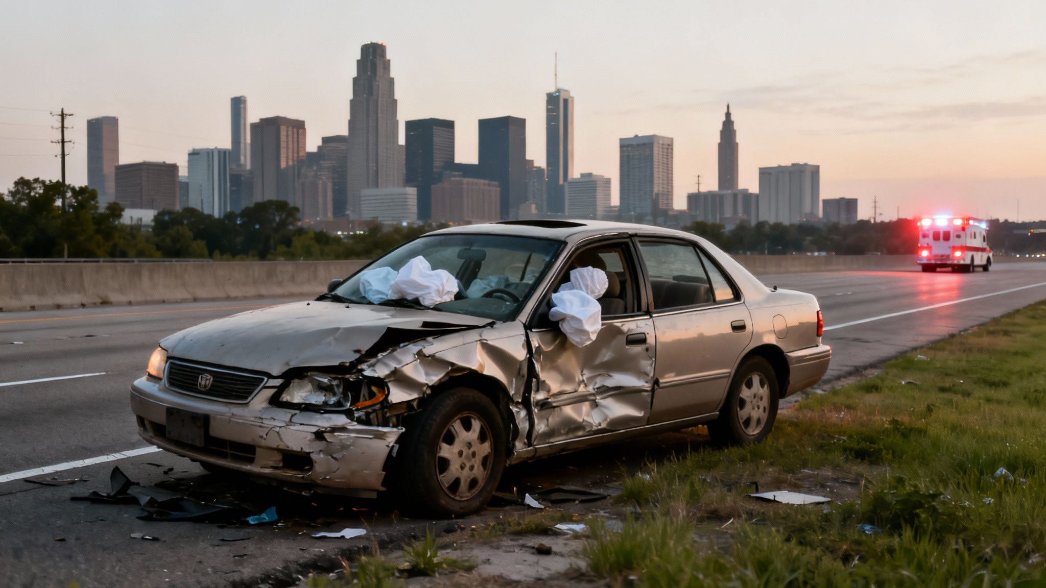 A family car after a serious accident, with emergency lights in the background, illustrating the sudden and high stakes of a collision.