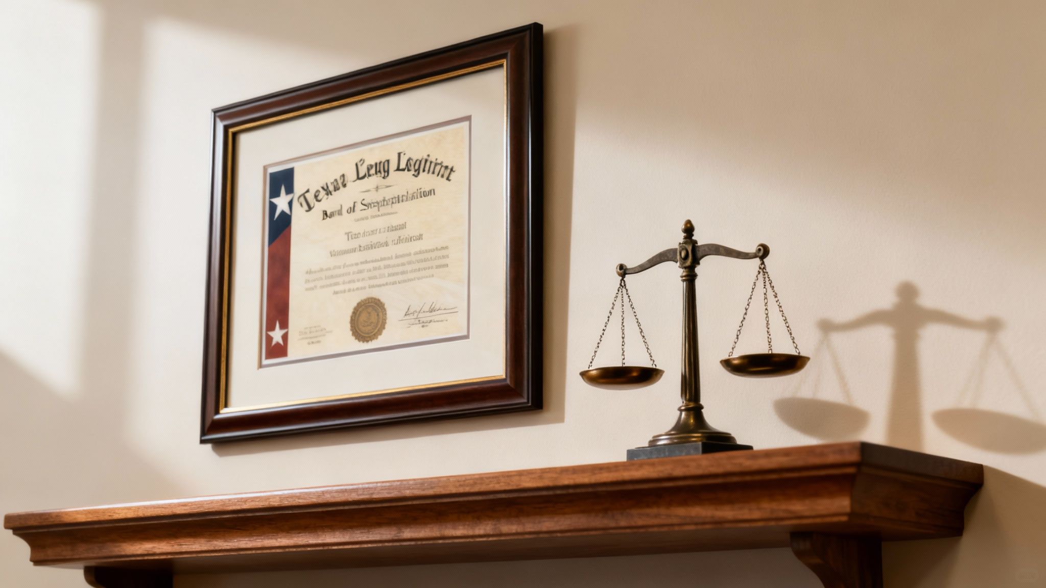 Framed Texas legal certification and scale of justice on a wooden shelf, symbolizing estate planning expertise and legal authority for families in Atascocita.