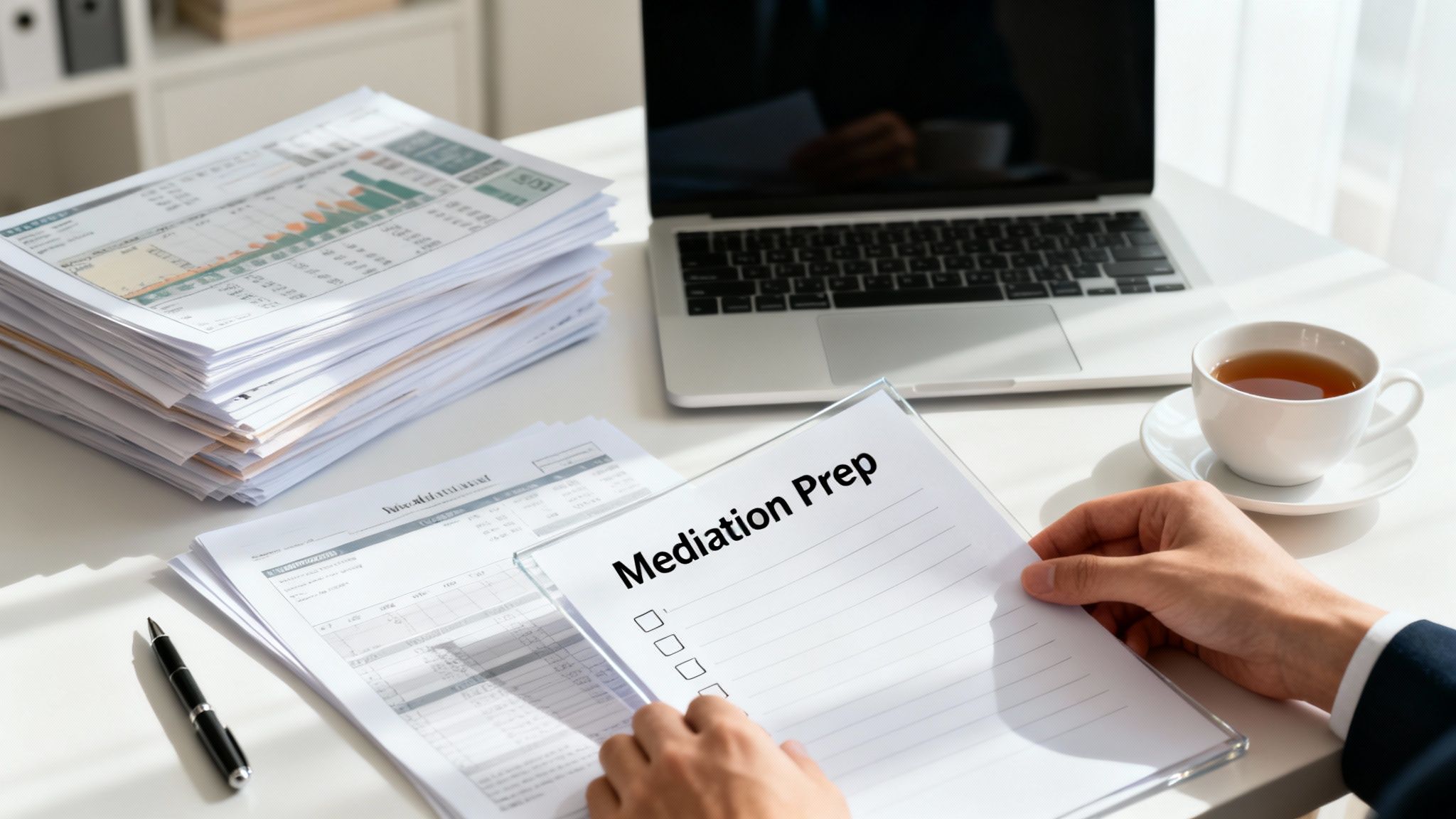 Hands holding a 'Mediation Prep' checklist on a desk with documents, laptop, and a cup of tea.