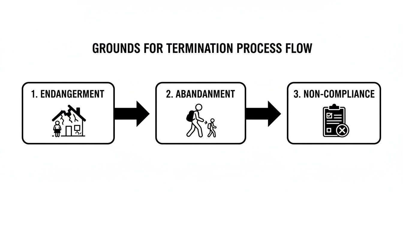 Flowchart detailing legal grounds for termination: child endangerment, abandonment, and non-compliance process.