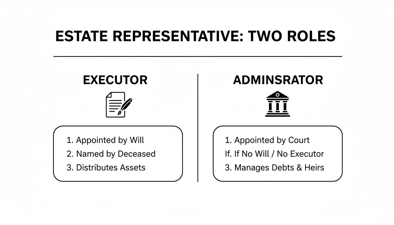 Infographic comparing the two roles of an Estate Representative: Executor and Administrator, outlining their responsibilities.