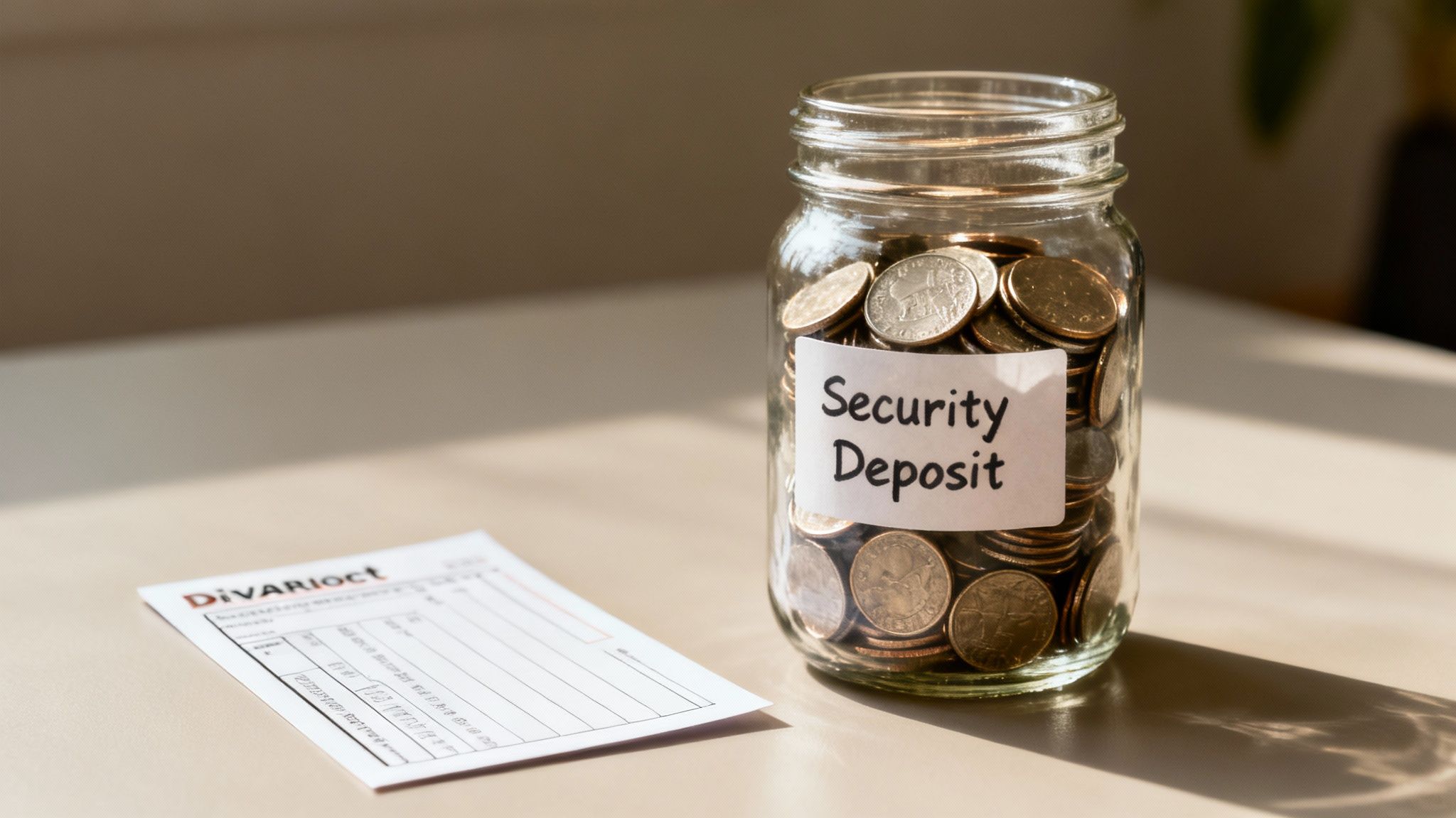 Jar labeled "Security Deposit" filled with coins, alongside a document related to tenant rights and financial accountability in Texas.