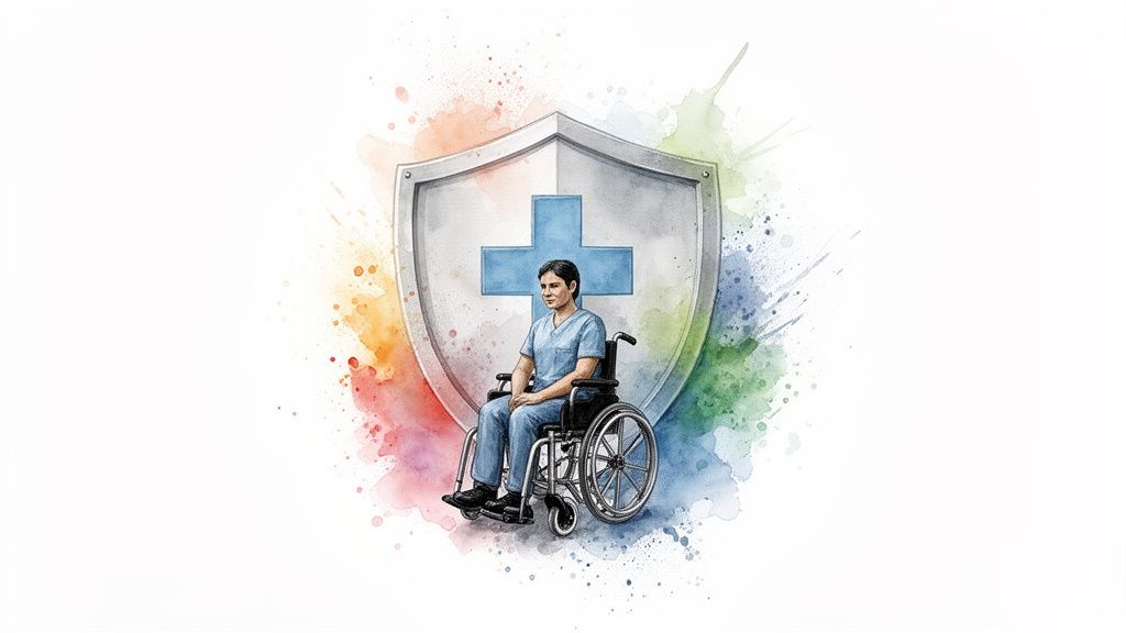 Person in wheelchair with medical shield symbol, representing special needs trust and protection for individuals with disabilities in Texas.