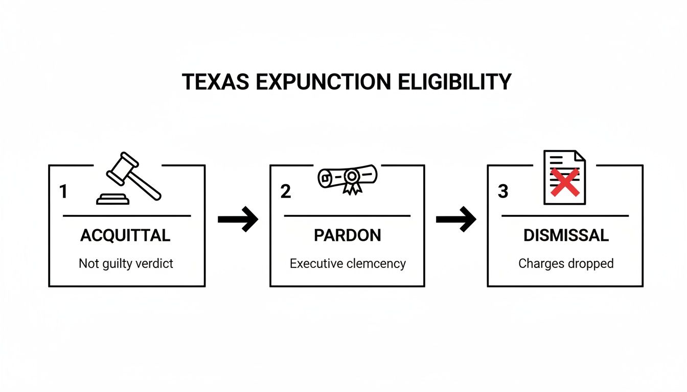 A flowchart illustrates three conditions for Texas expunction eligibility: acquittal, pardon, and dismissal.