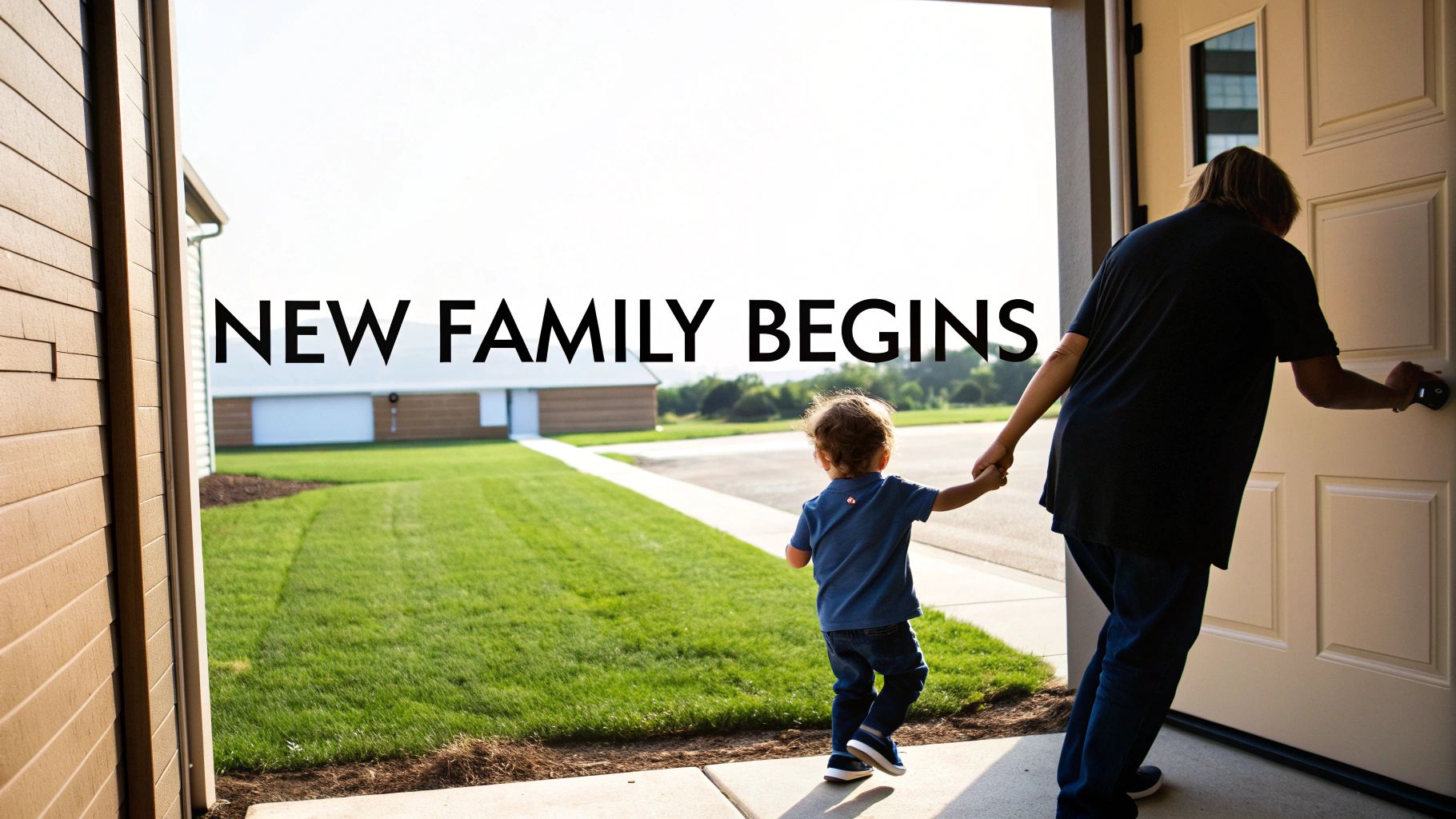 An adult and a toddler holding hands, walking through an open door into a new home with a green lawn.