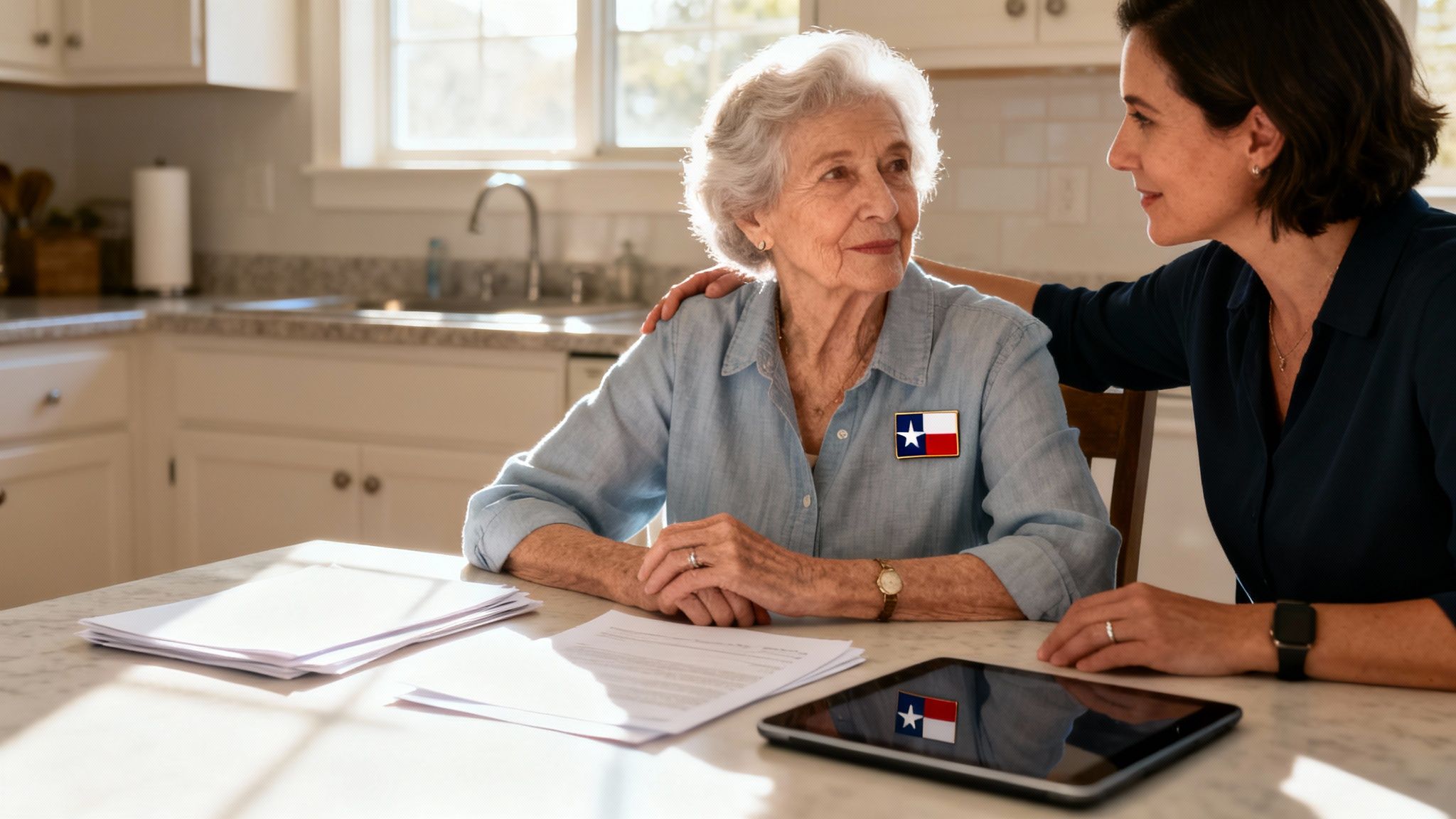 A supportive daughter helps her elderly mother with paperwork at a bright kitchen table, both wearing Texas flag pins.
