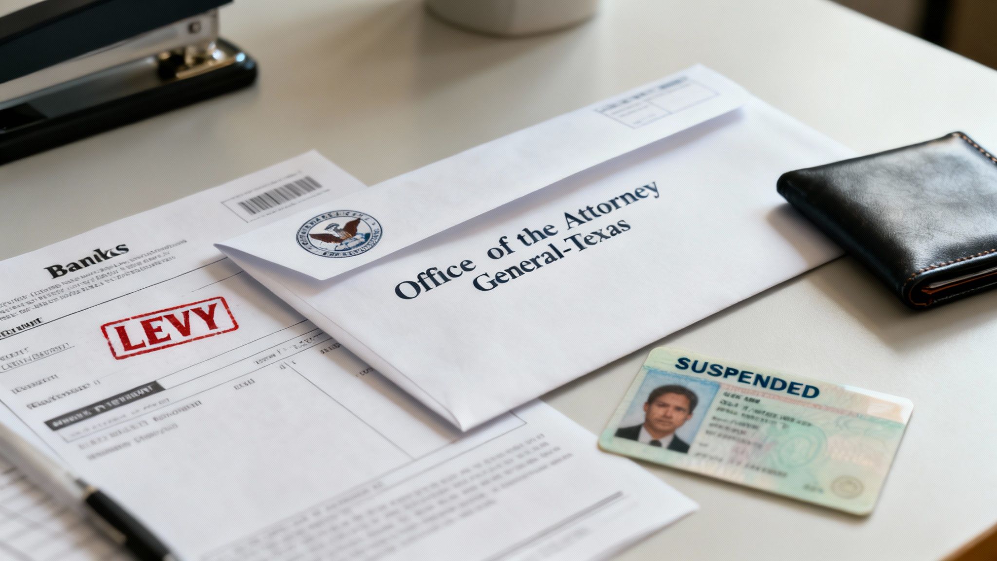 Desk with legal documents, including a 'LEVY' notice, a suspended ID, and an envelope from the Texas Attorney General.