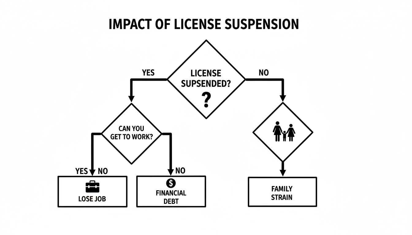 A flowchart illustrates the negative impacts of a suspended driver's license on employment, finances, and family.