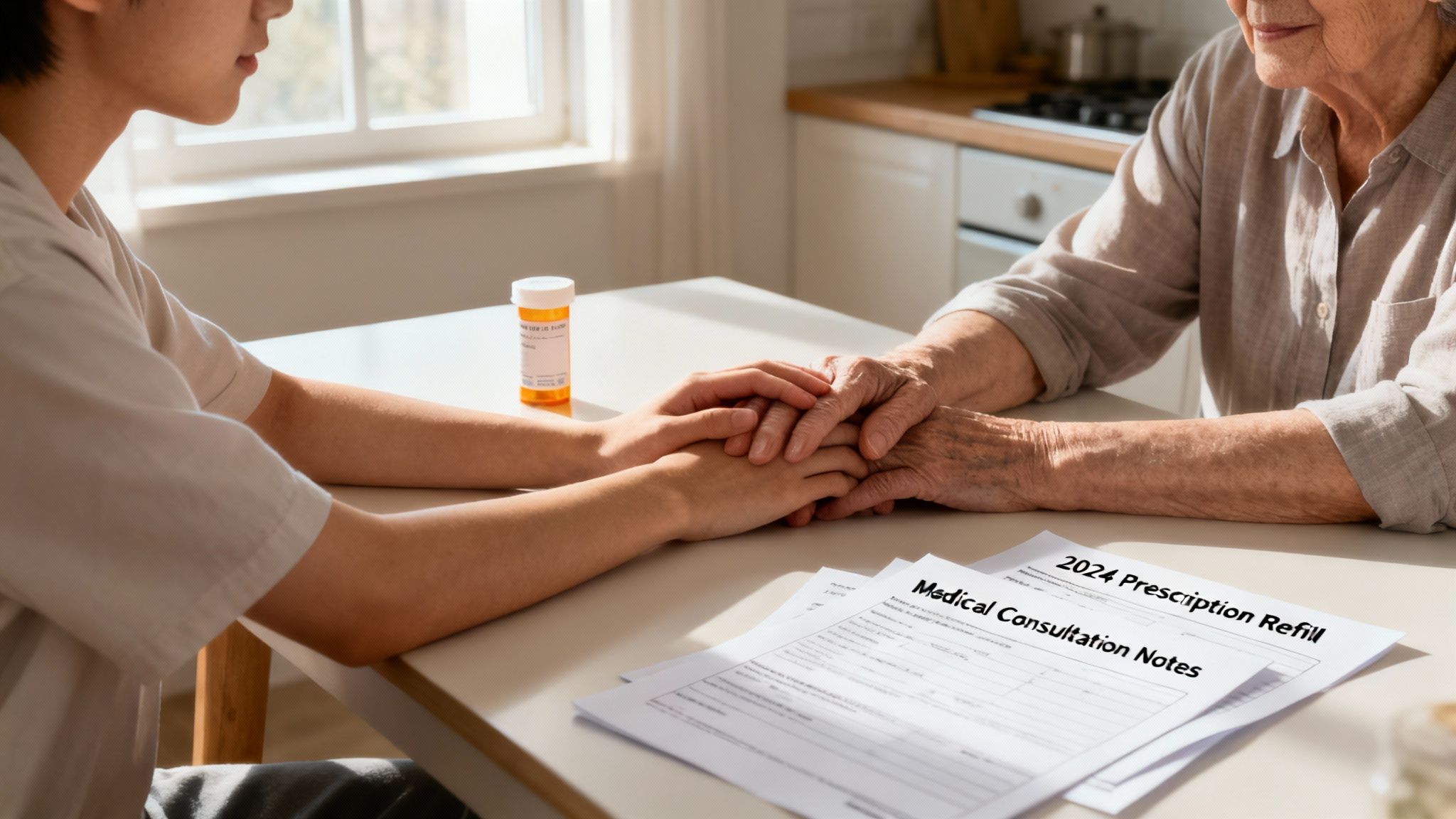 Young adult holding hands with elderly parent over medical documents, including prescription refill and consultation notes, symbolizing care and support in guardianship decisions.