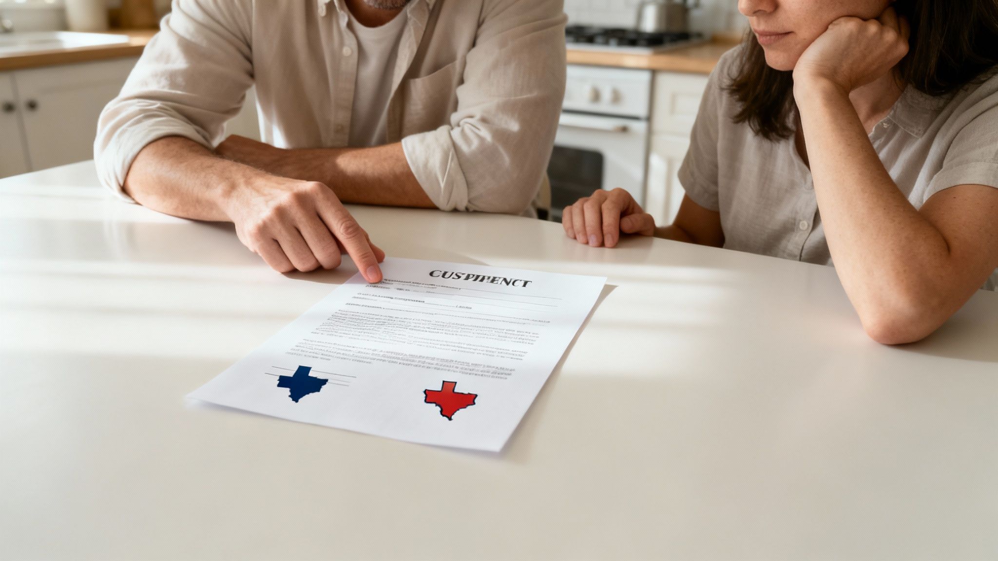 A parent and child looking at a legal document together, symbolizing the process of changing a custody agreement.