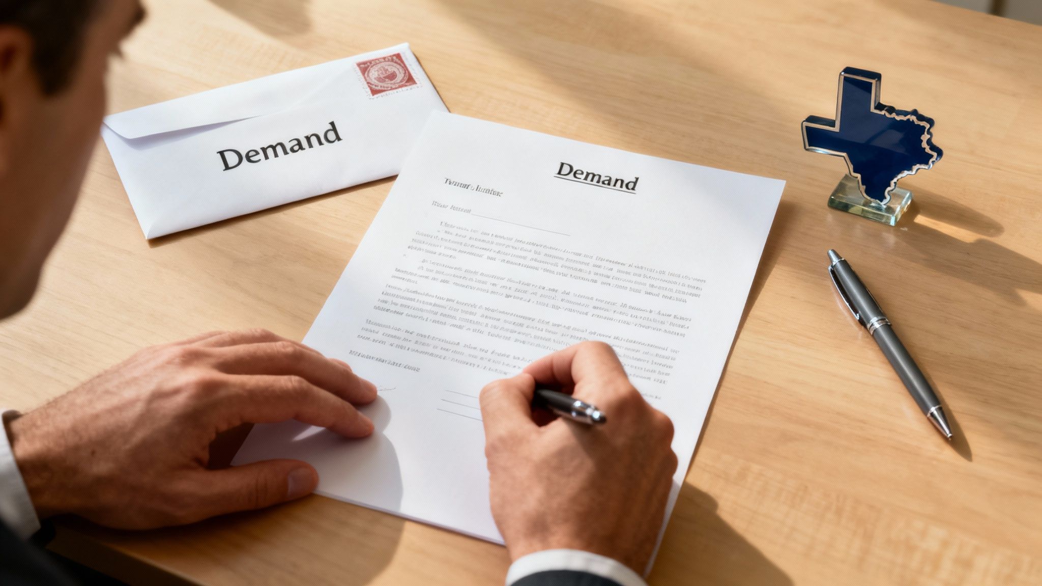 Person writing a demand letter on a desk, with an envelope labeled "Demand" and a Texas state figurine, emphasizing tenant rights in Texas disputes.