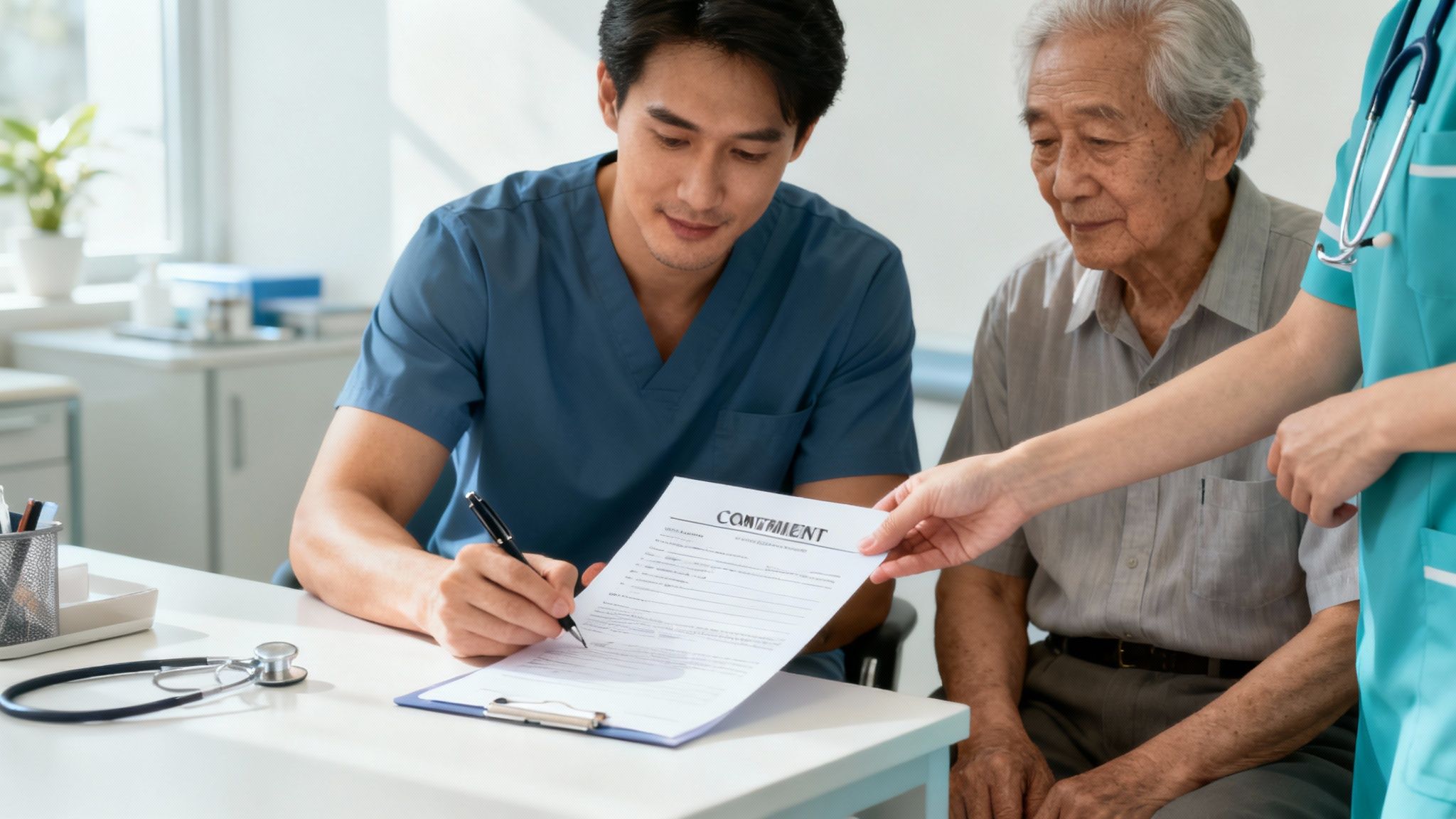 A person's hands gently holding another's, symbolizing care and responsibility.