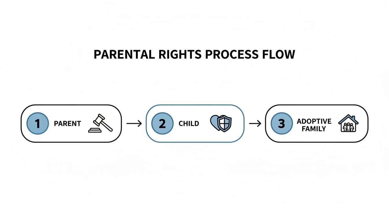 A legal process flow illustrating parental rights leading to child protection and adoption by a new family.