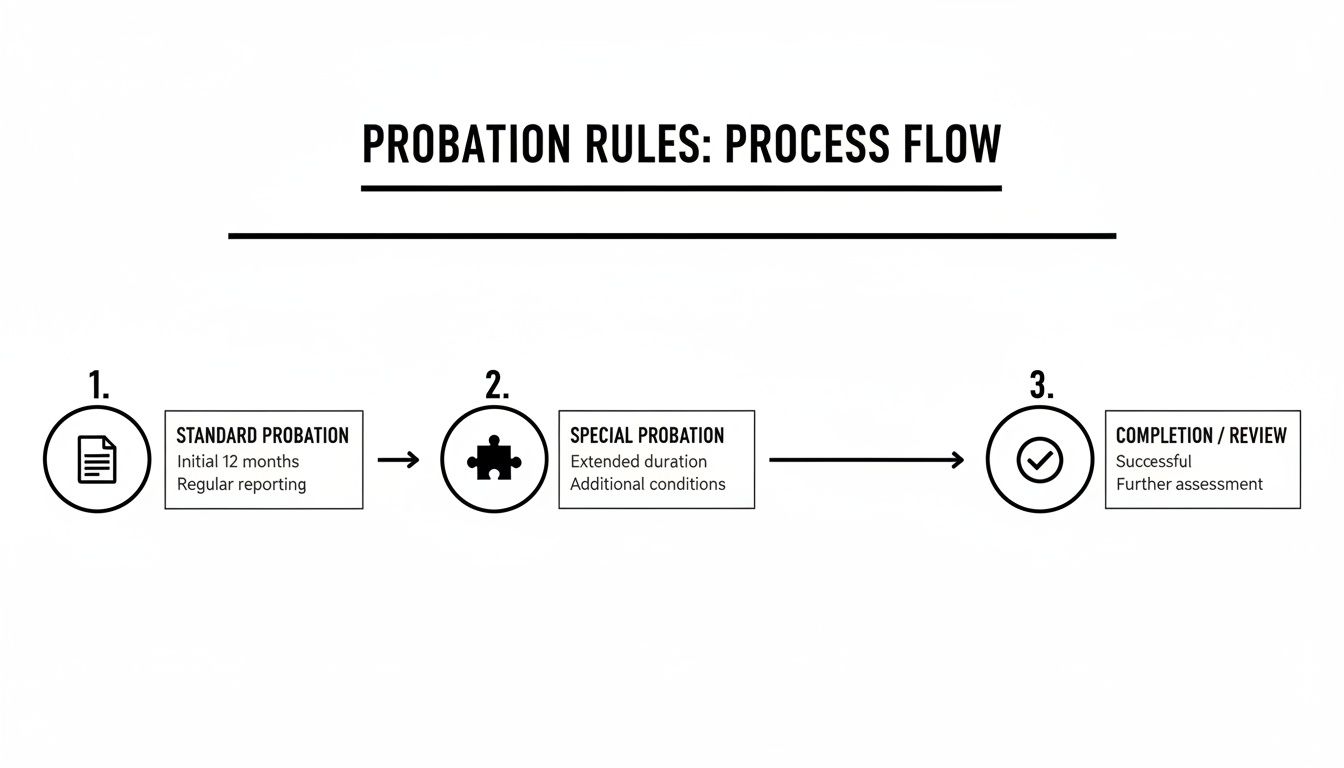 A process flow diagram details probation rules, including standard, special, and completion stages.