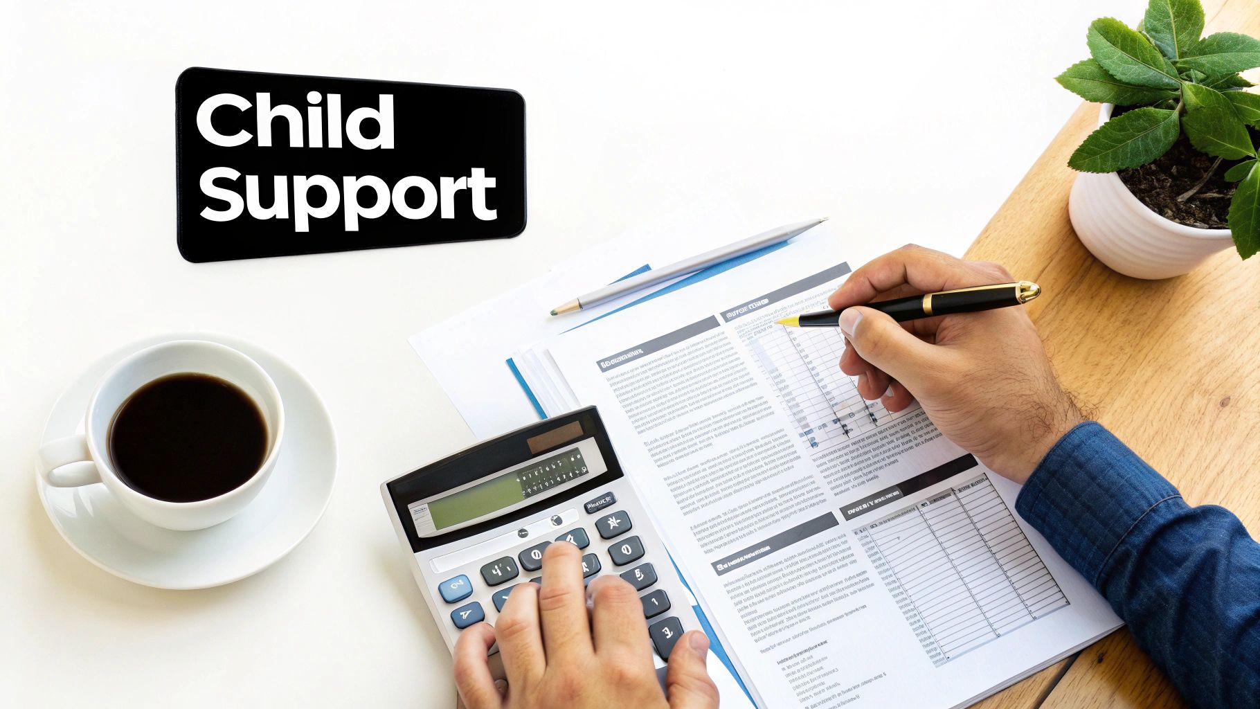 A person calculates child support on a calculator, highlighting documents on a white desk with coffee.