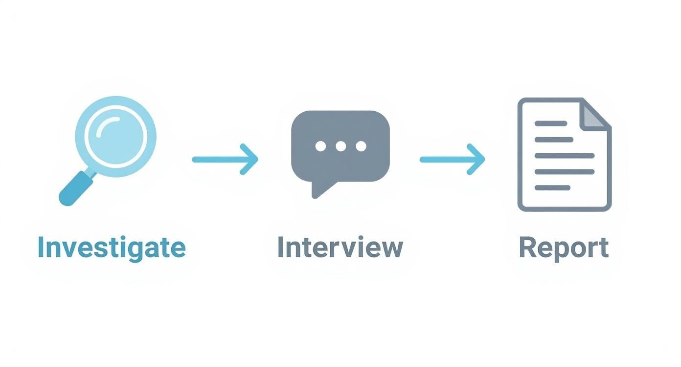 Flowchart illustrating the Guardian Ad Litem process: investigate, interview, and report, emphasizing the steps taken to assess child custody situations in Texas family law.