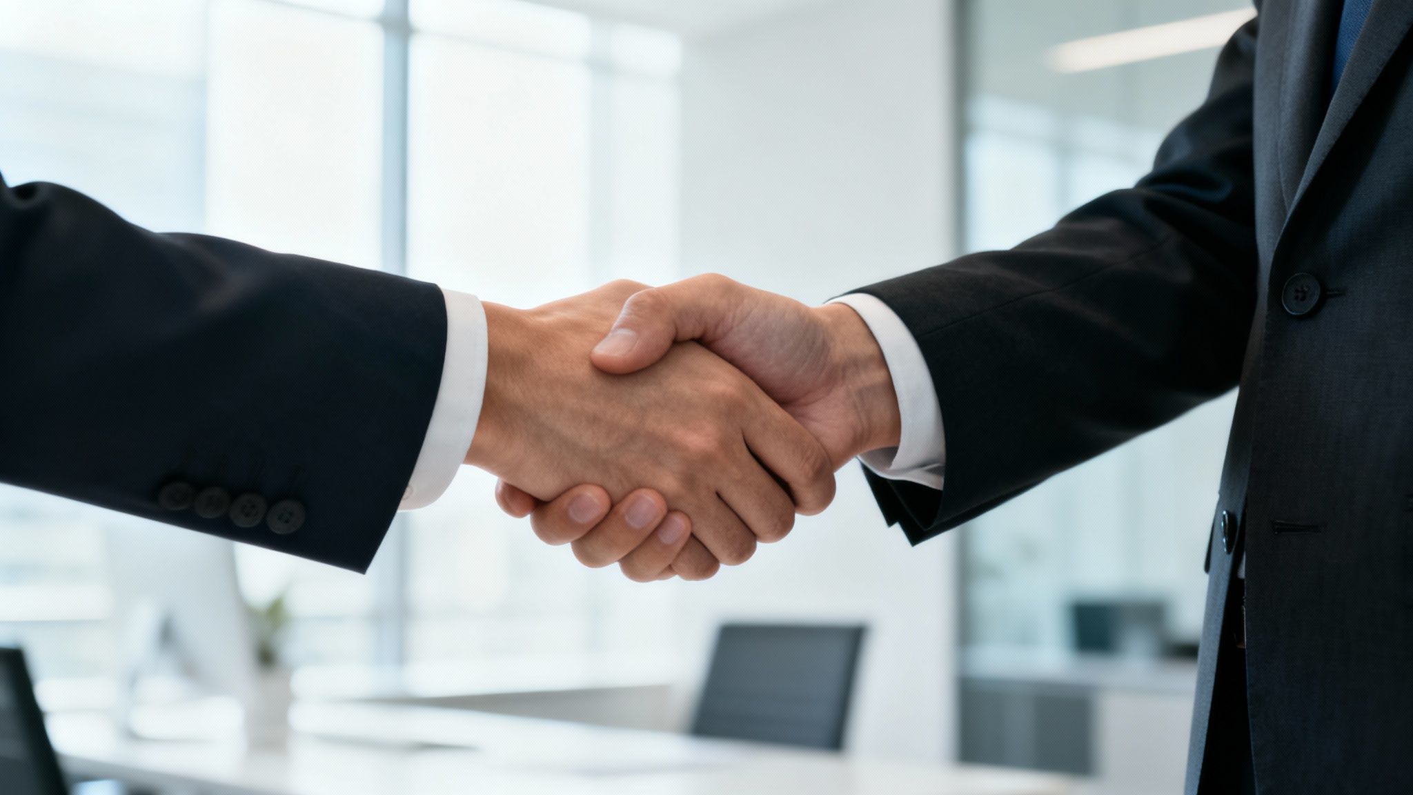 Handshake between two professionals in business attire, symbolizing trust and partnership in estate planning and life insurance trust management.