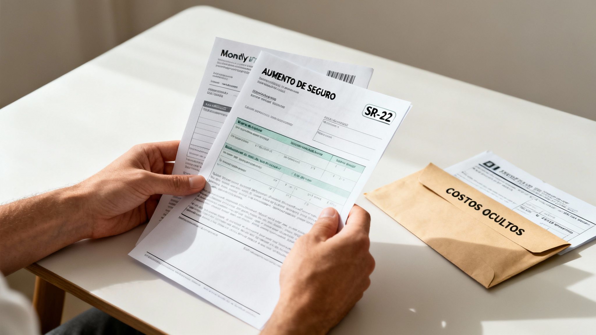 Una persona sostiene documentos sobre un aumento de seguro, SR-22 y costos ocultos en la mesa.