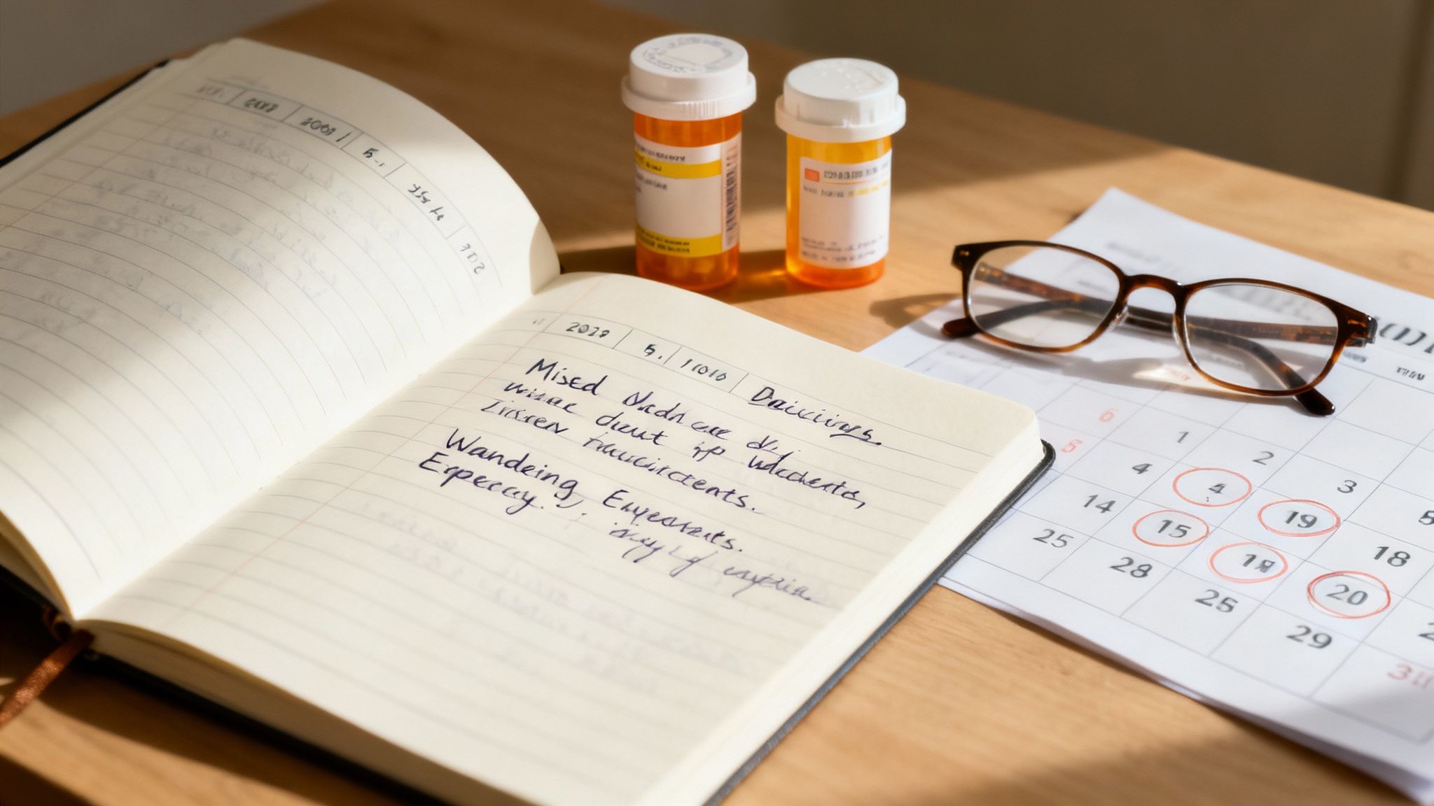 Notebook with handwritten notes on incapacity, prescription medication bottles, reading glasses, and a calendar, illustrating the documentation process for proving guardianship in Texas.