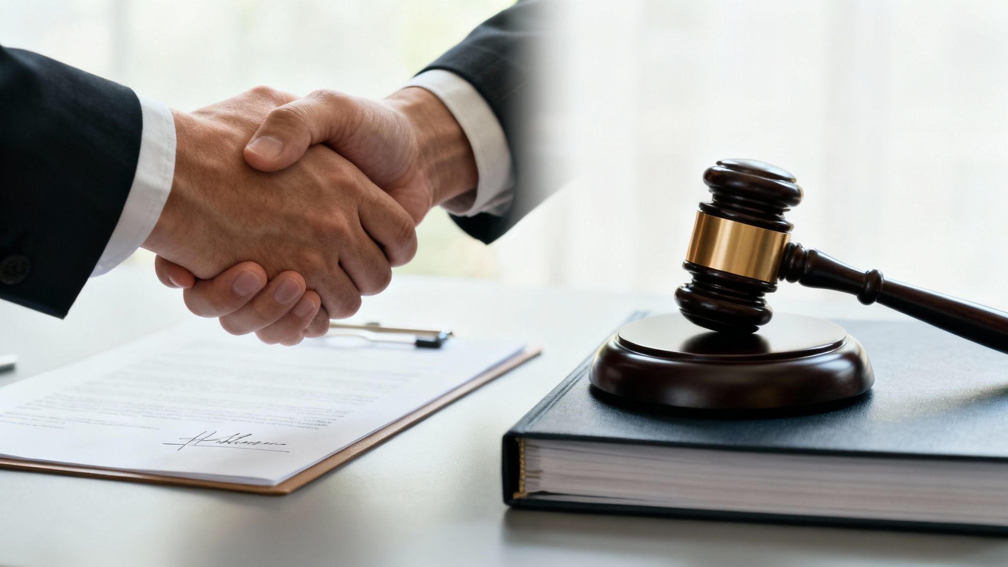 Two hands shaking over a desk, signifying an agreement being made in a legal setting.