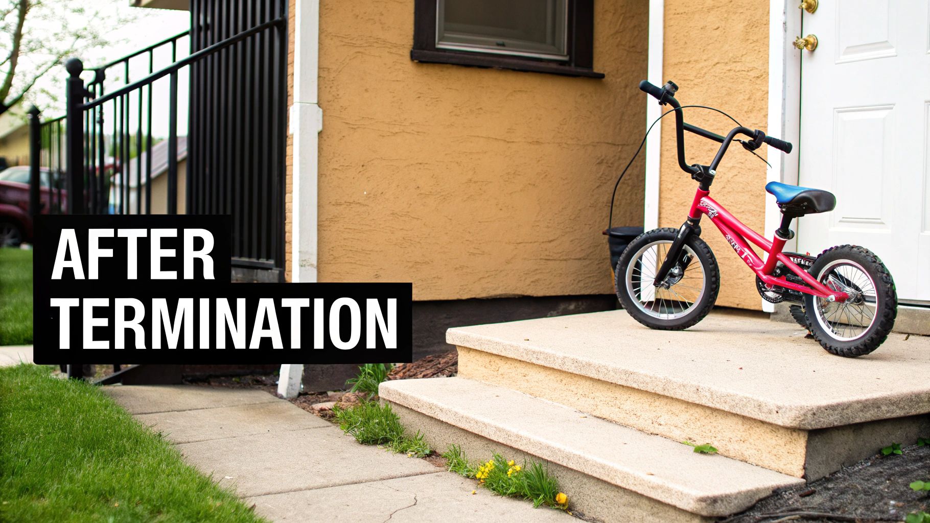 A small pink child's bicycle sits on a porch next to a house with an 'AFTER TERMINATION' sign.