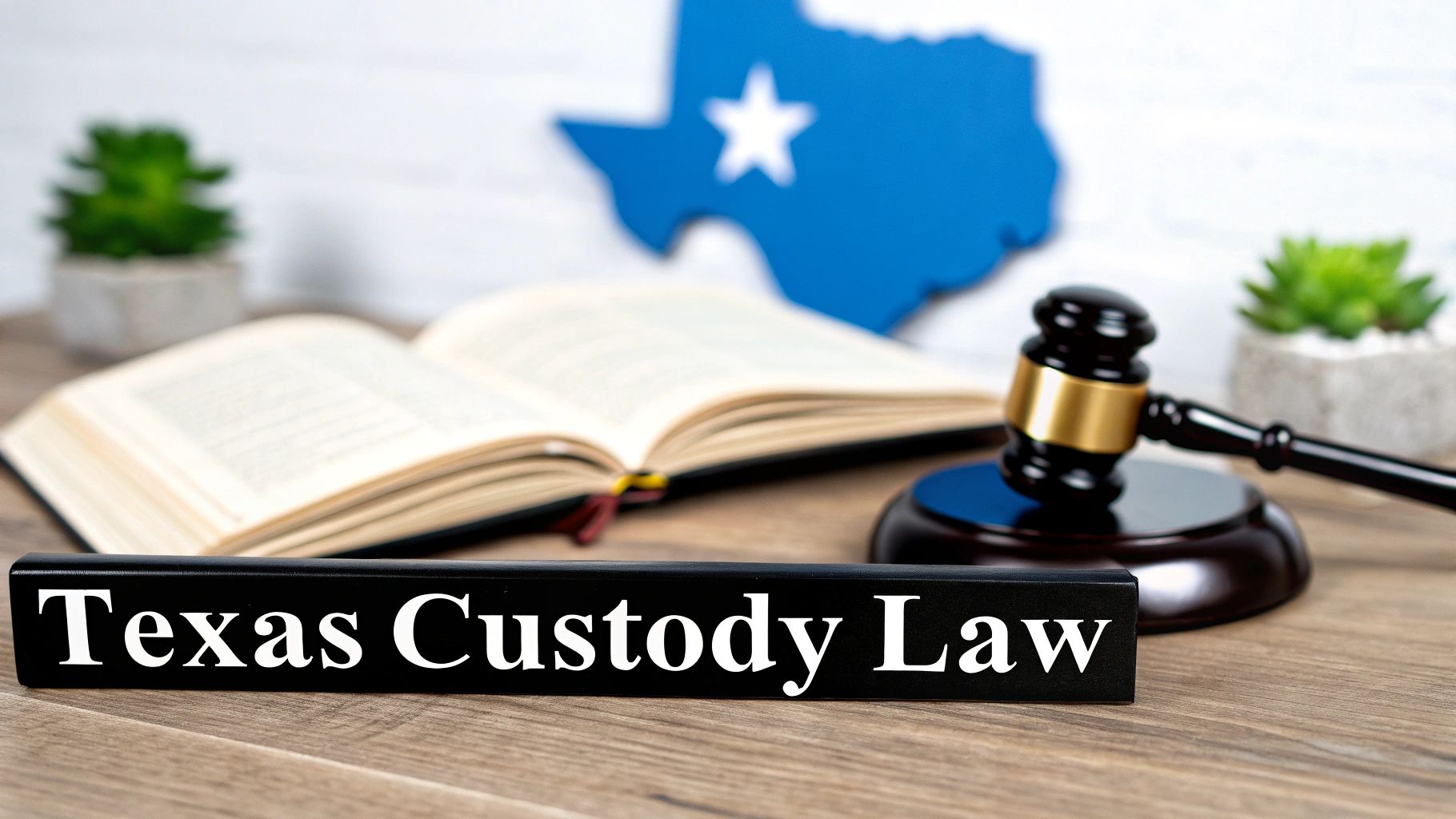 A close-up of a wooden gavel and a law book, symbolizing the Texas legal system.